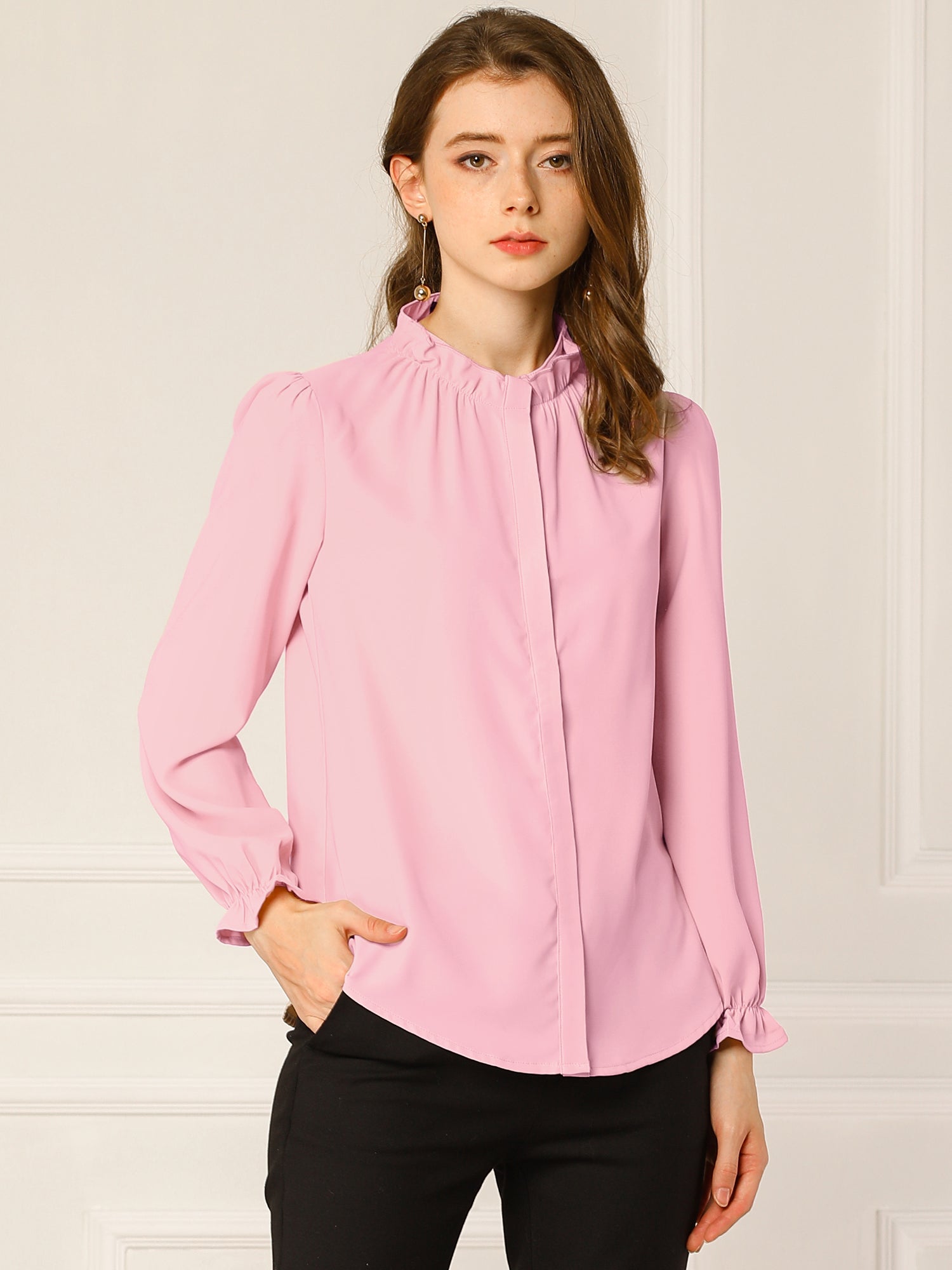 Work Office Blouse Button Up Ruffle Collar Long Sleeve Chiffon Shirt