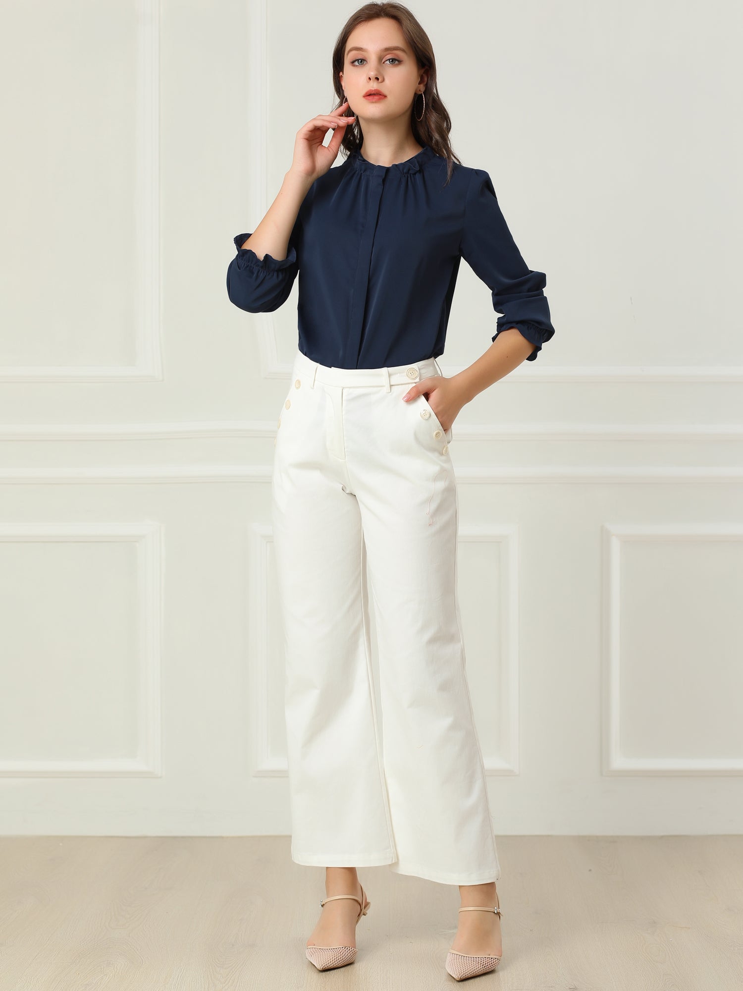 Work Office Blouse Button Up Ruffle Collar Long Sleeve Chiffon Shirt