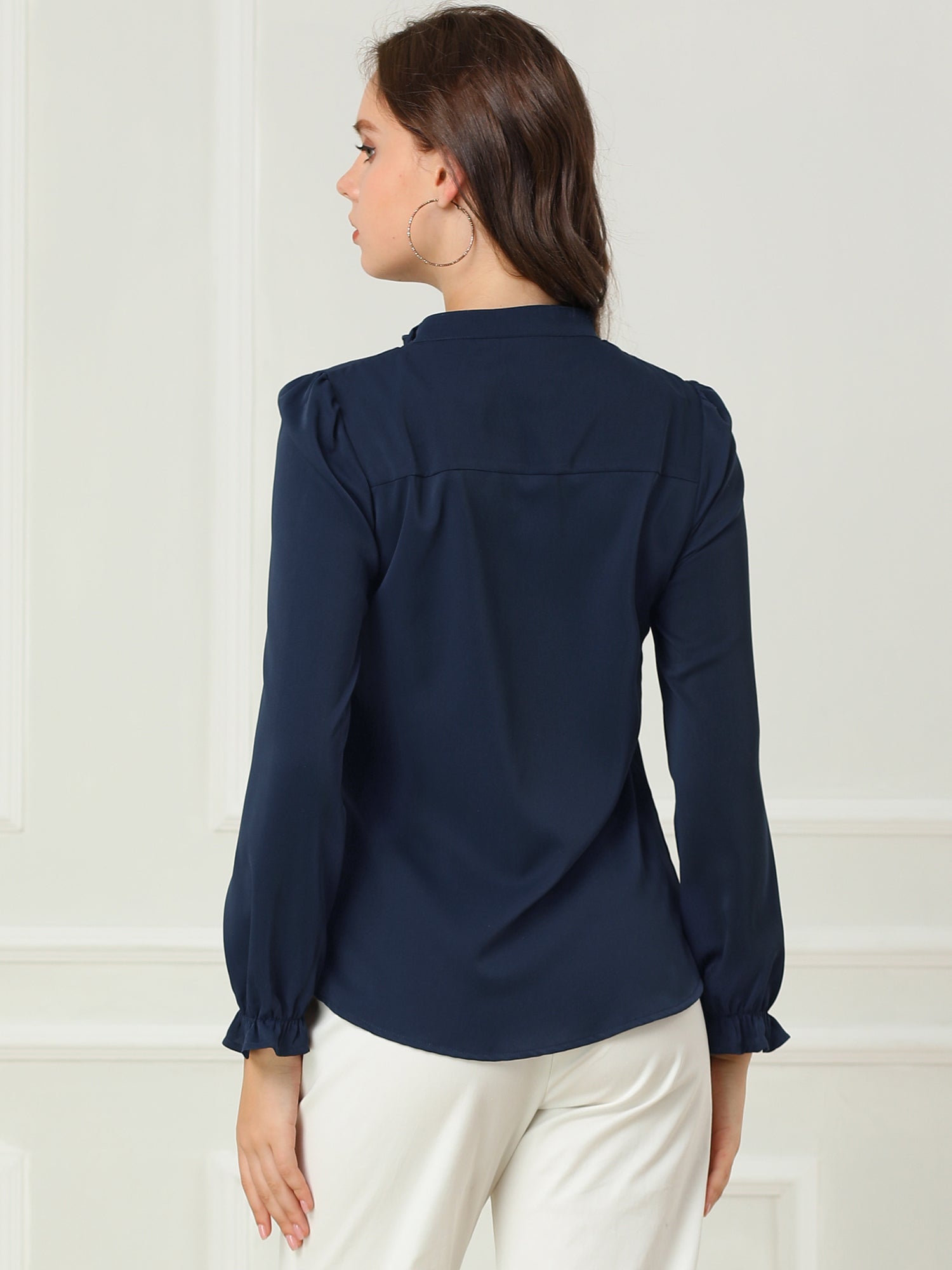 Work Office Blouse Button Up Ruffle Collar Long Sleeve Chiffon Shirt