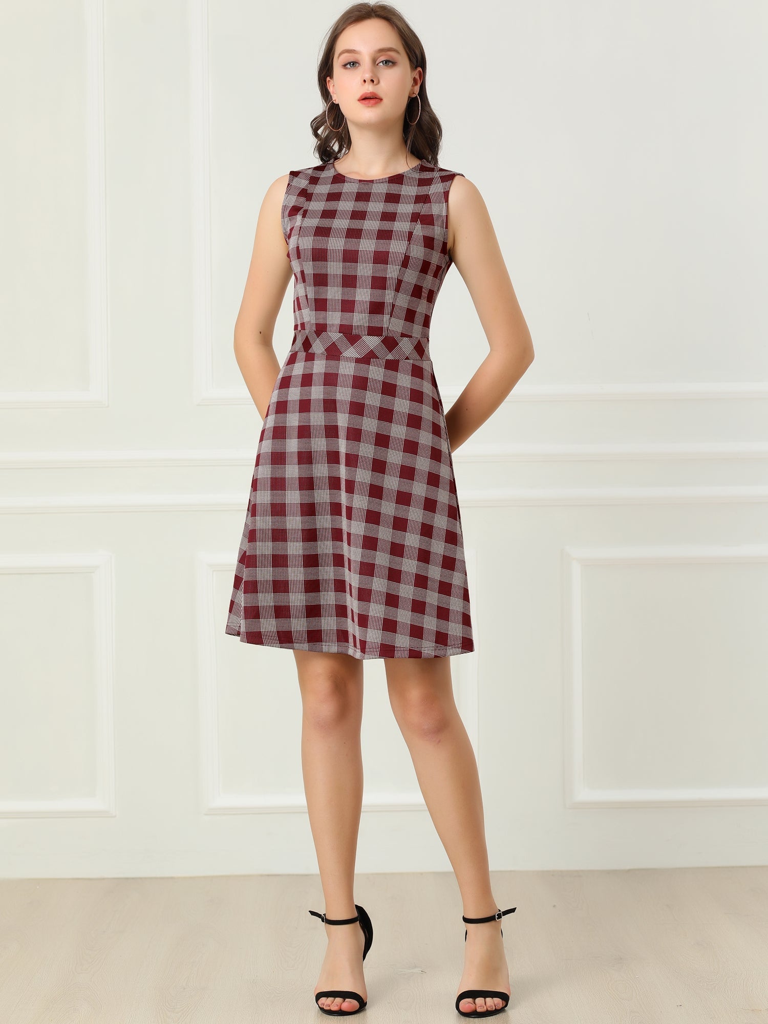 Plaid Sleeveless Fit and Flare Houndstooth Work Dress