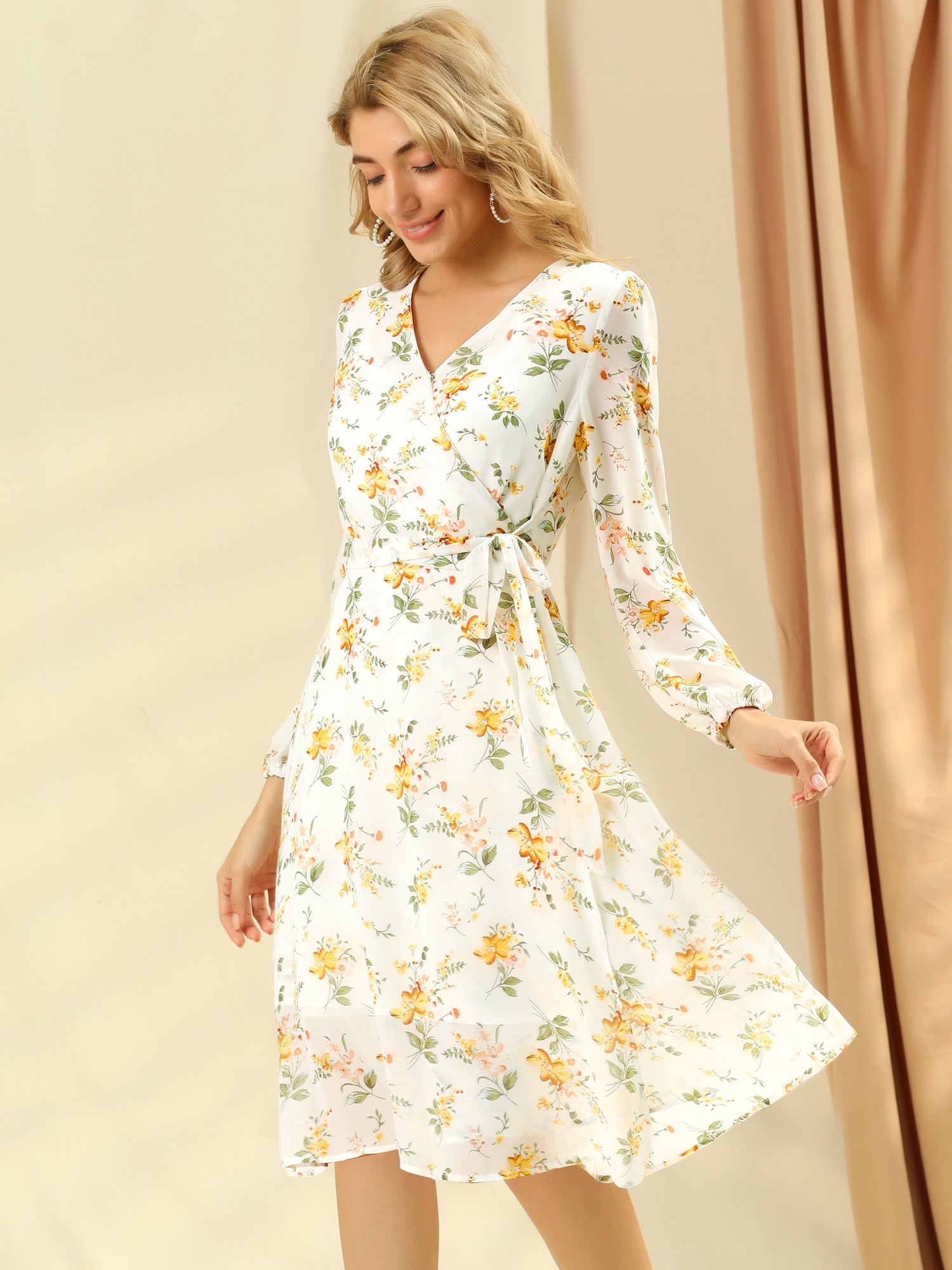 Chiffon Floral V Neck Tie Waist Bishop Sleeve Casual Wrap Midi Dress