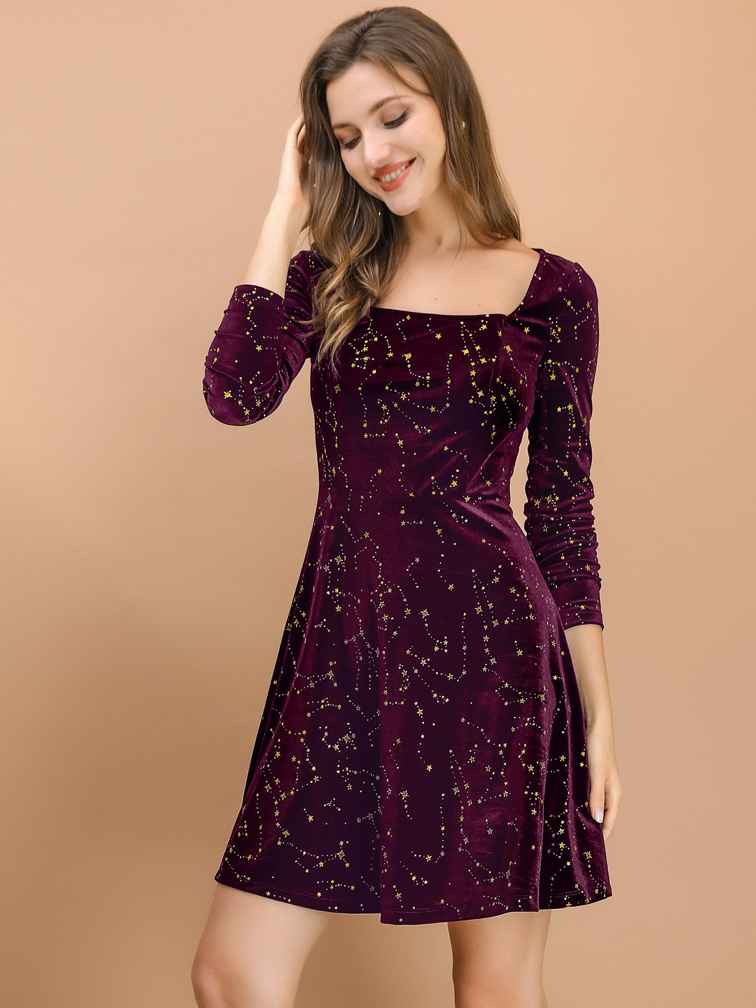 Christmas Stars Square Neck Vintage Velvet Mini Dress