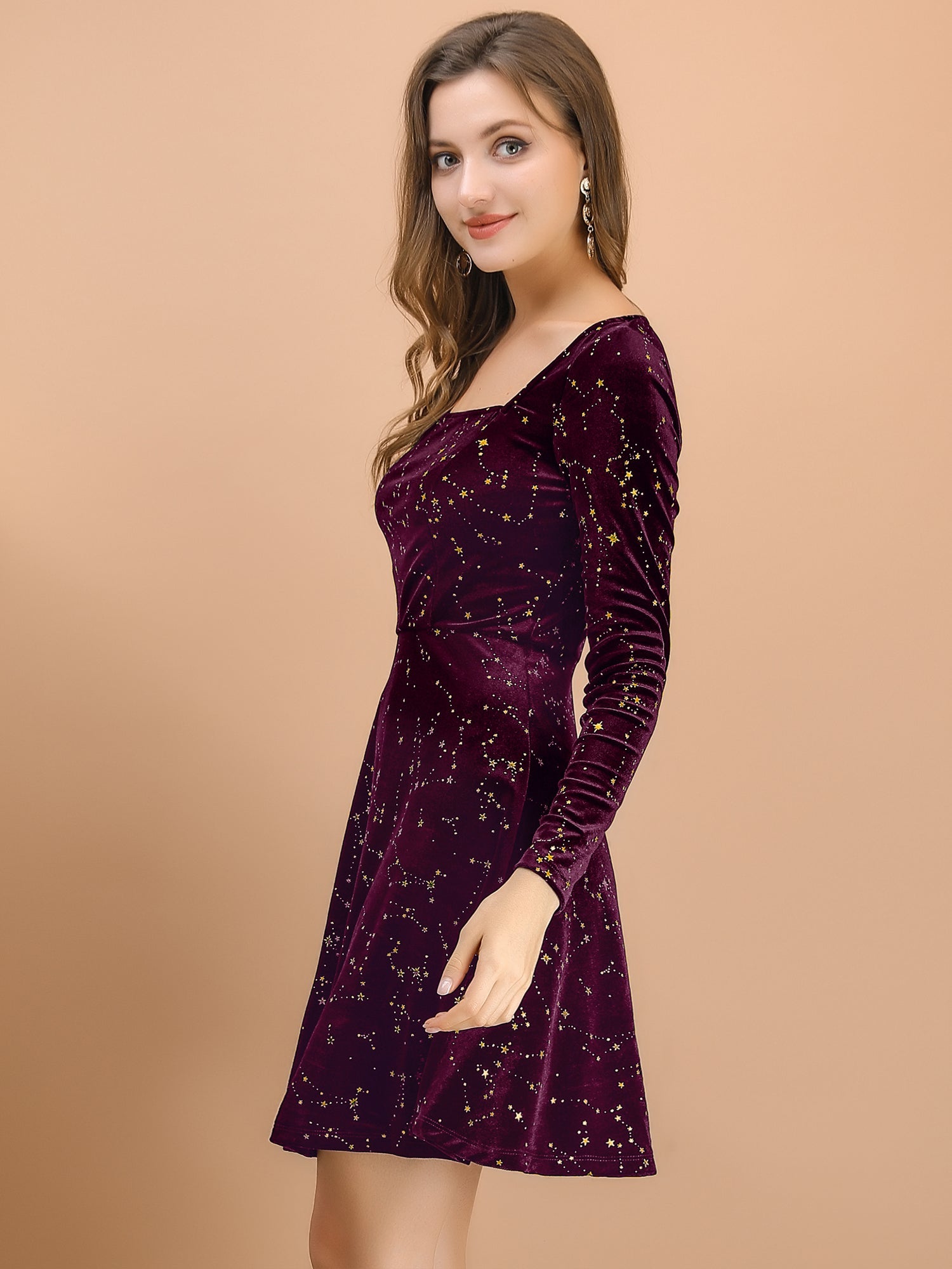 Christmas Stars Square Neck Vintage Velvet Mini Dress