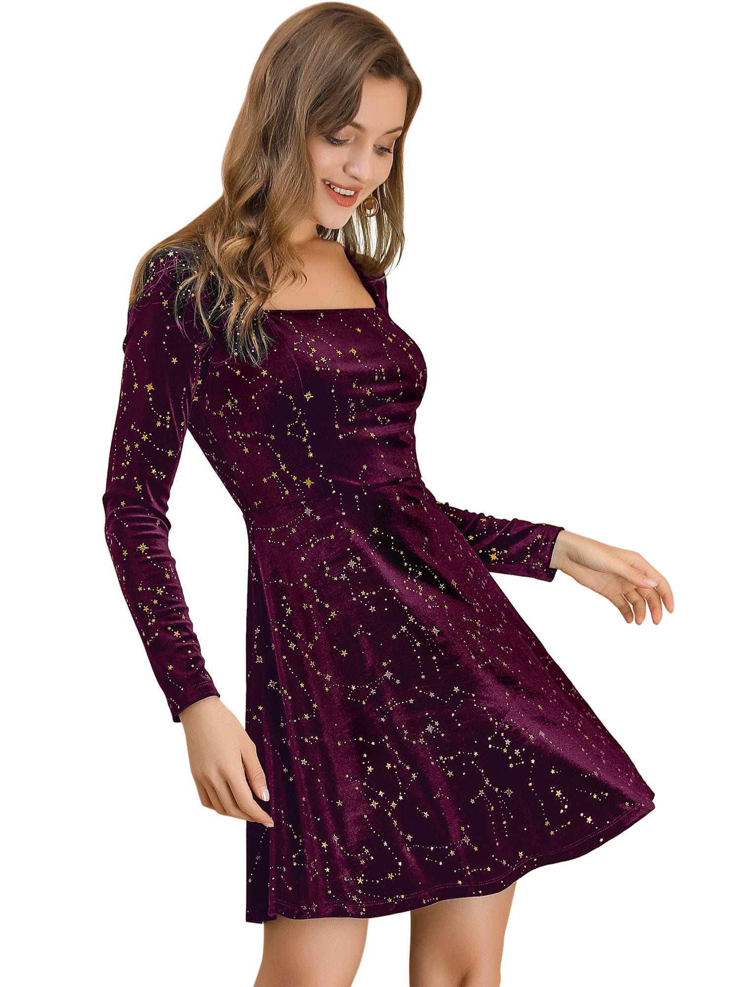 Christmas Stars Square Neck Vintage Velvet Mini Dress