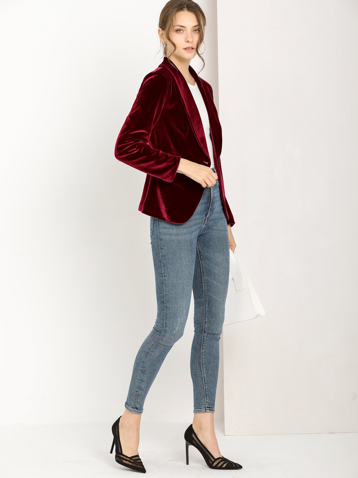 Shawl Collar Single Button Velvet Solid Office Work Jacket Blazer