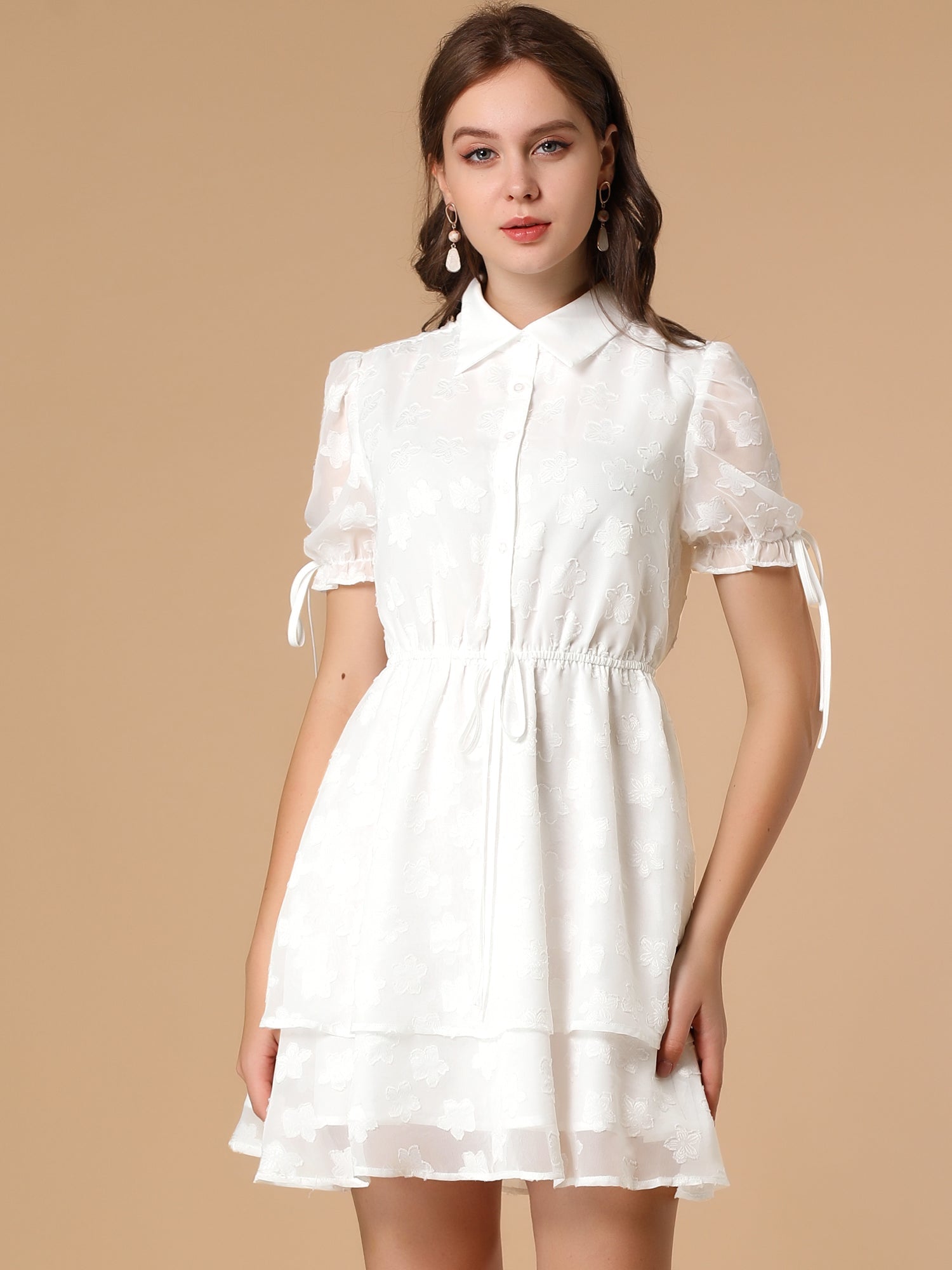 Peter Pan Collar Floral Drawstring Chiffon Layered Dress