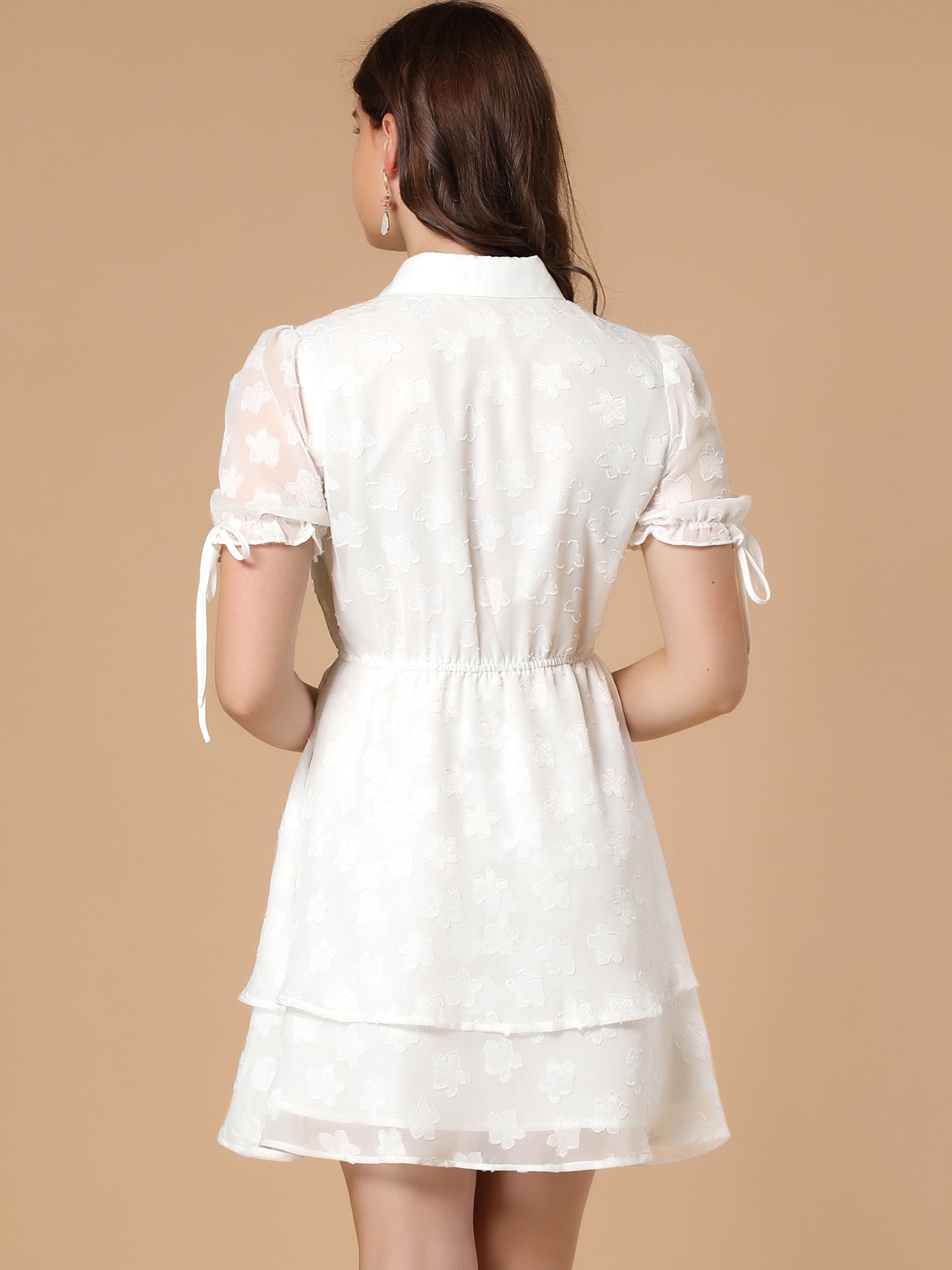 Peter Pan Collar Floral Drawstring Chiffon Layered Dress