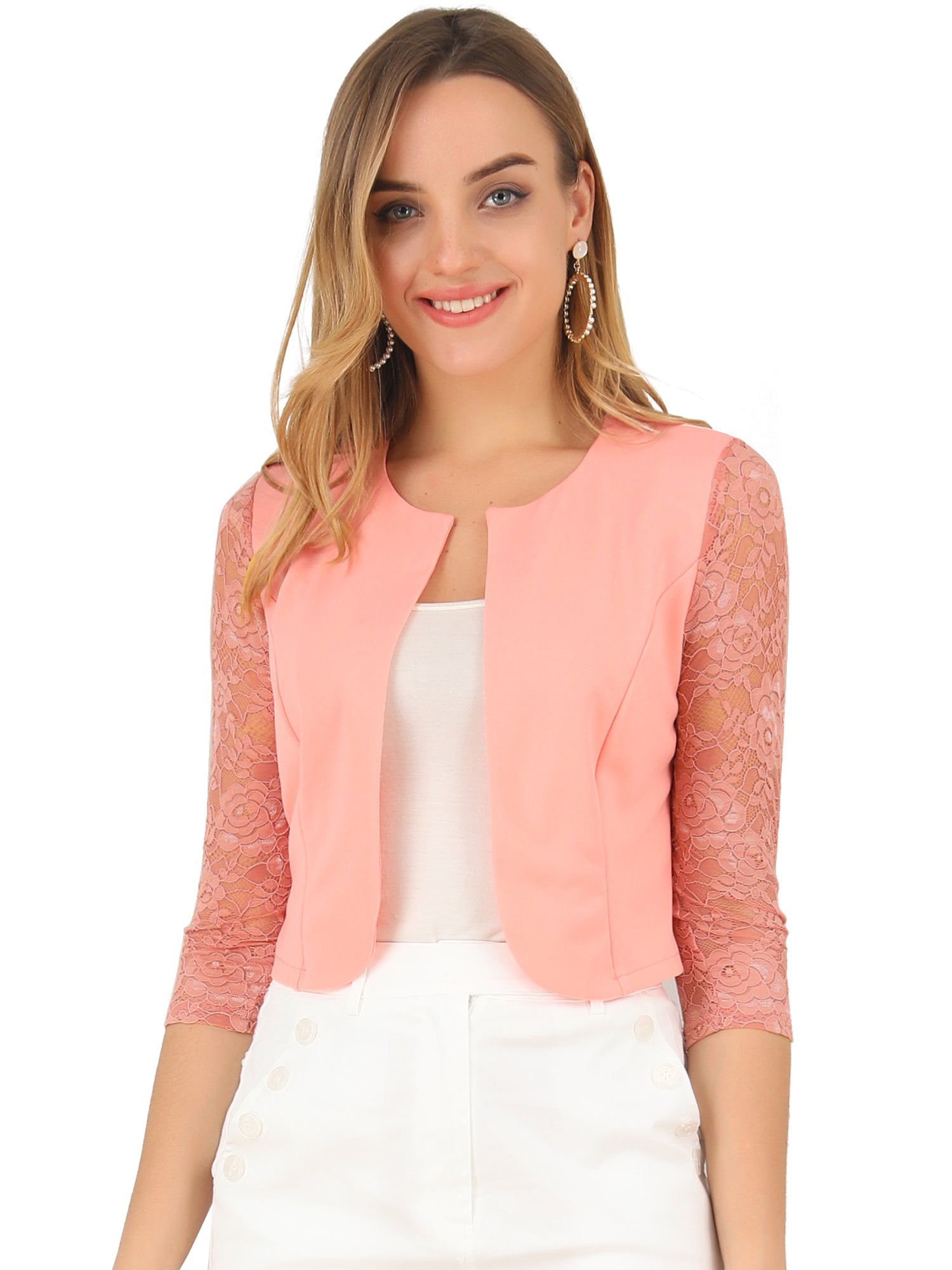 3/4 Sleeve Floral Lace Open Front Office Bolero Shrug