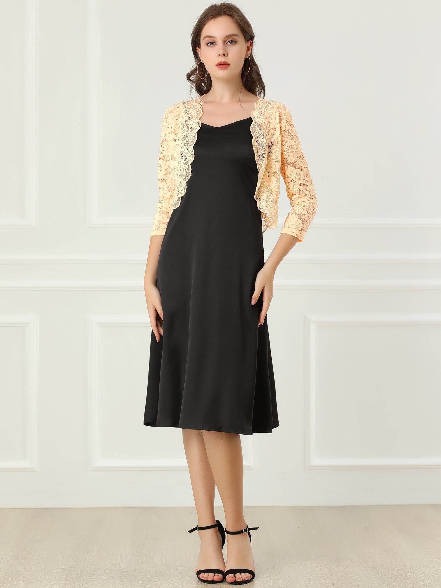 Lace 3/4 Sleeves Sheer Floral Cropped Bolero Shrug