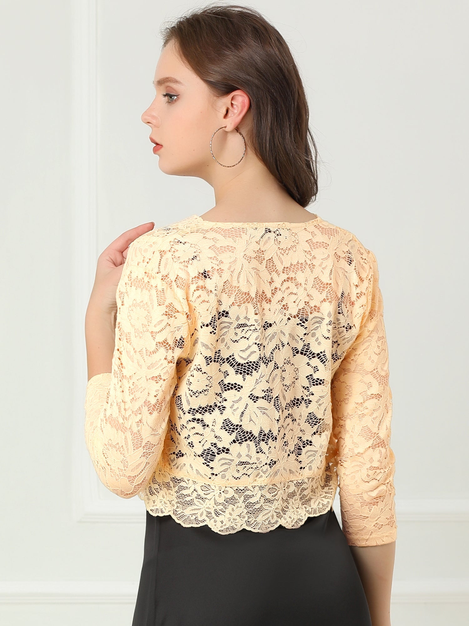 Lace 3/4 Sleeves Sheer Floral Cropped Bolero Shrug