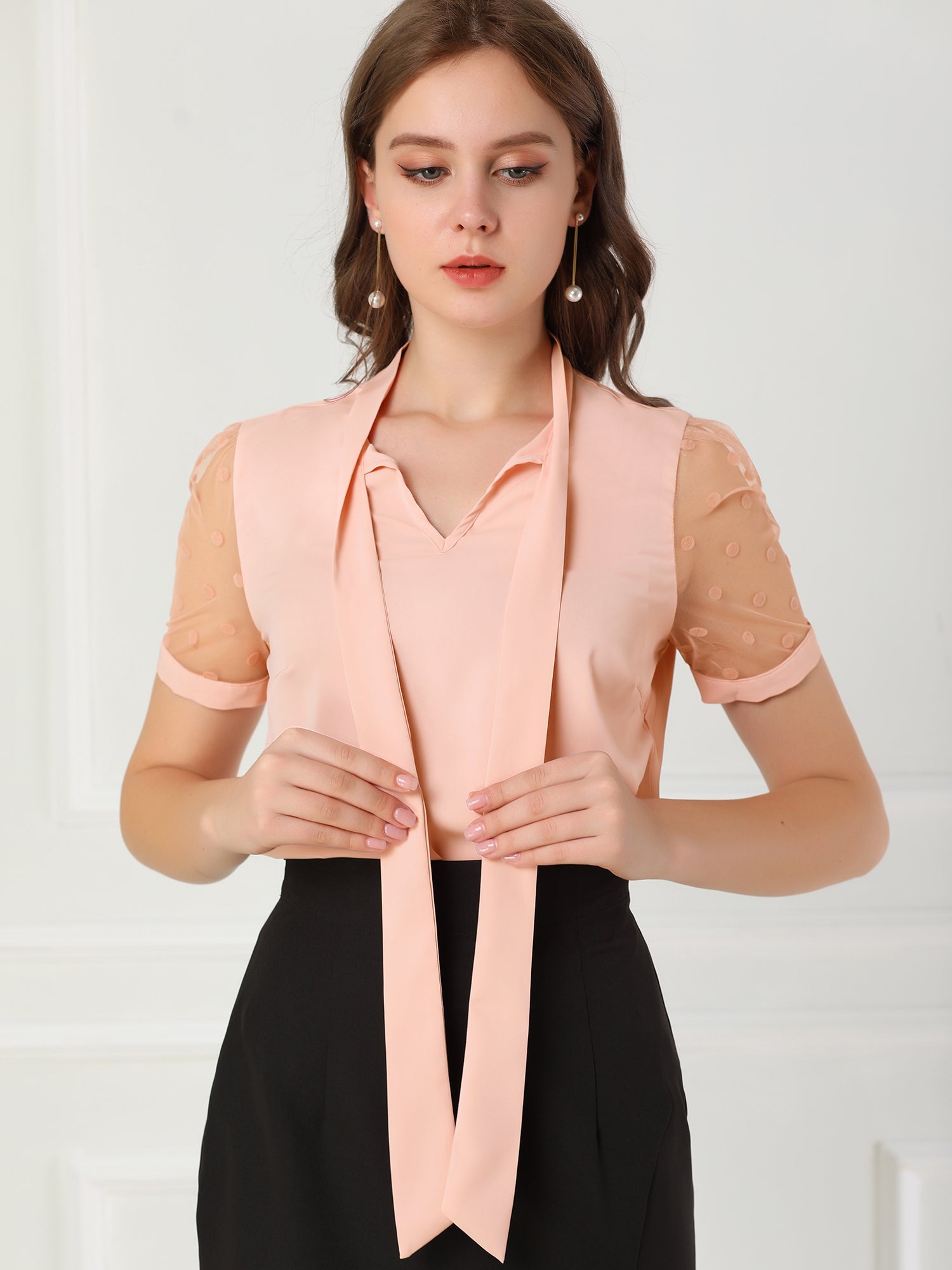 Bow Tie V Neck Stand Collar Short Mesh Sleeve Blouse