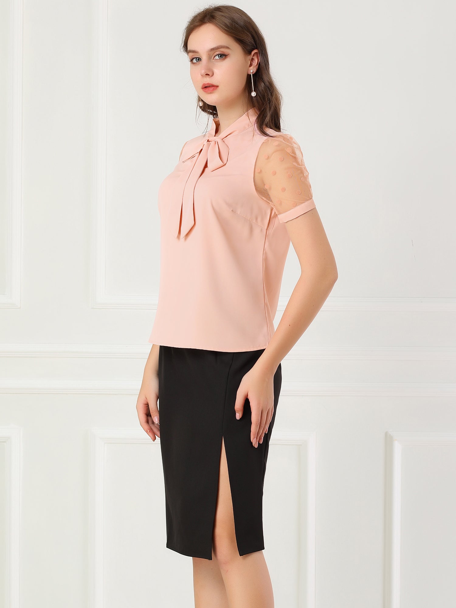 Bow Tie V Neck Stand Collar Short Mesh Sleeve Blouse