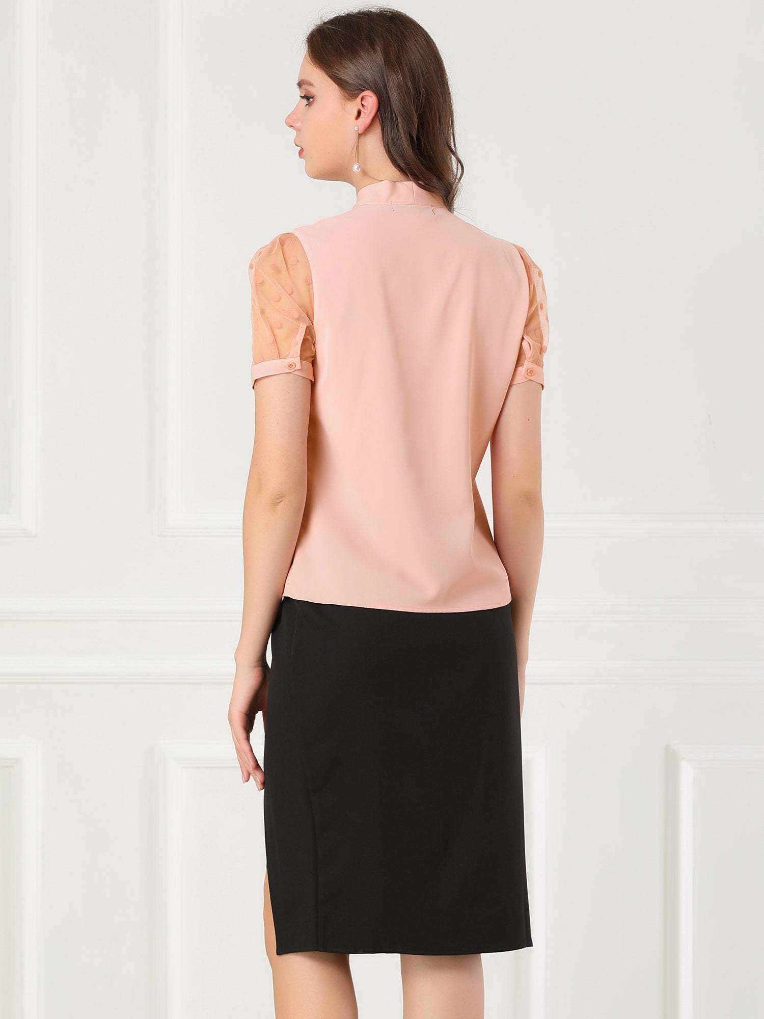 Bow Tie V Neck Stand Collar Short Mesh Sleeve Blouse