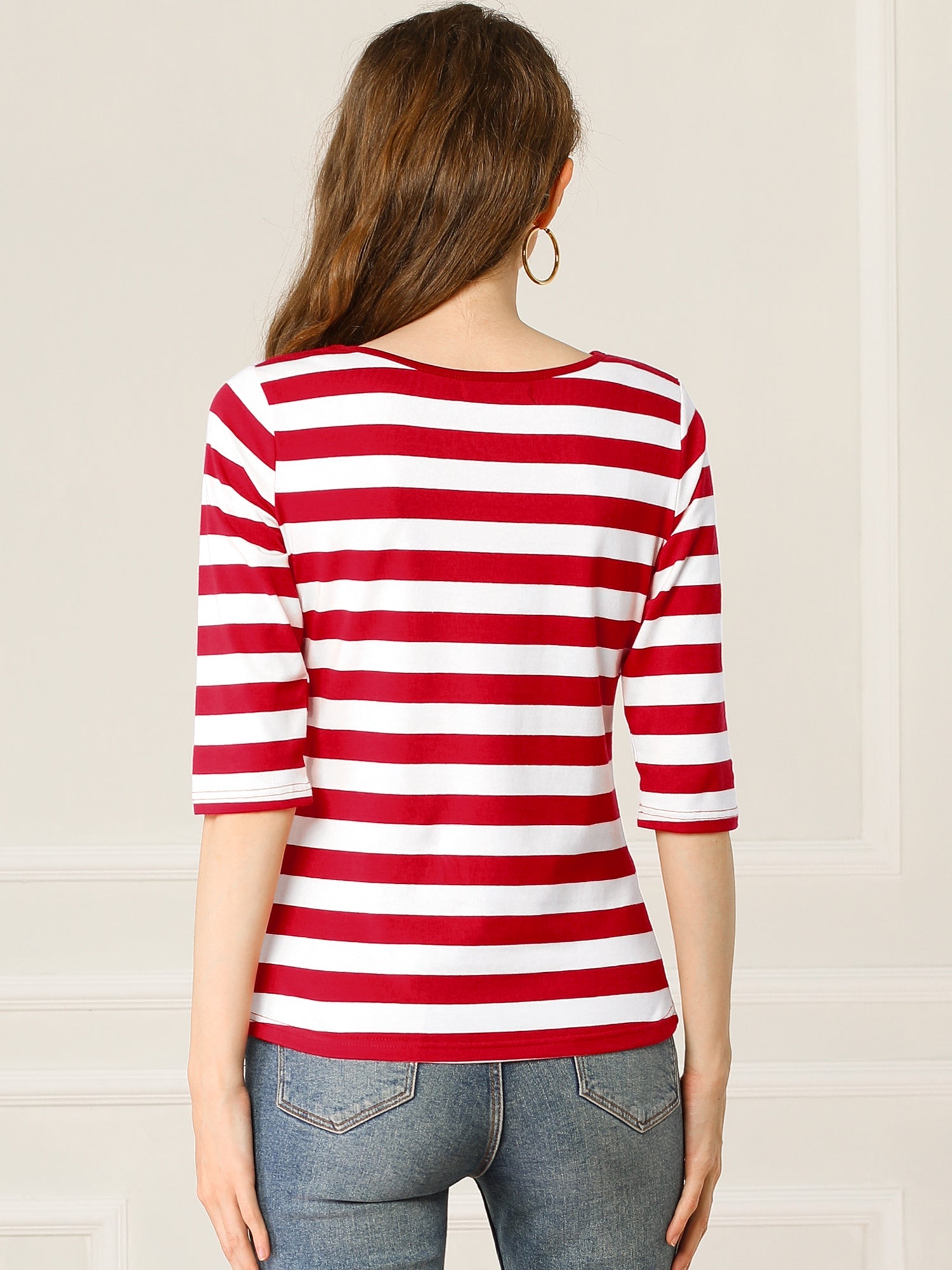 Striped 3/4 Sleeve Round Neck Casual T-Shirt