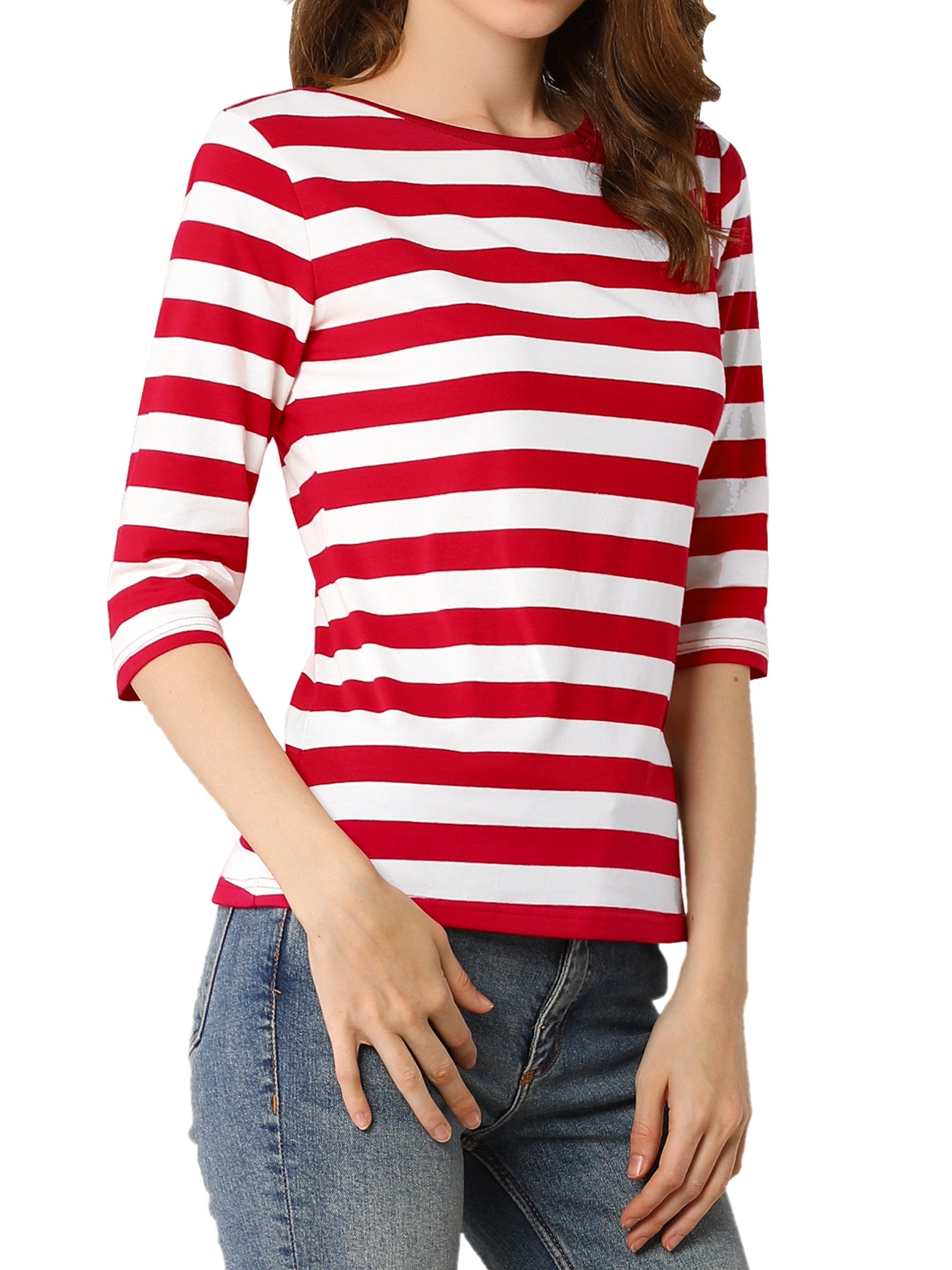 Striped 3/4 Sleeve Round Neck Casual T-Shirt