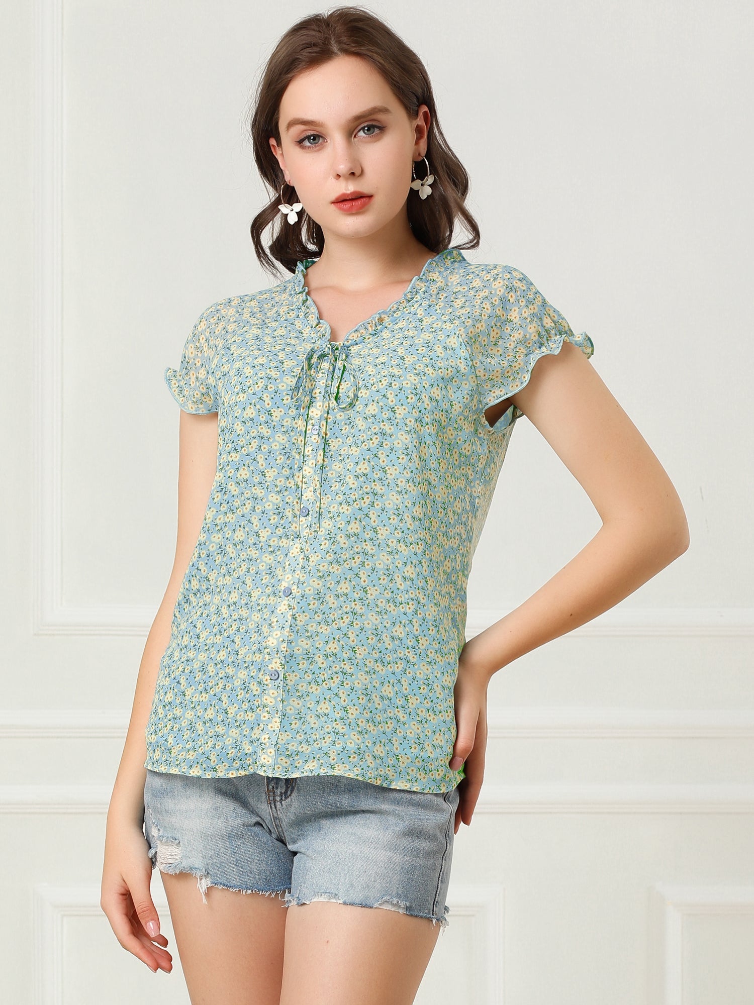 Ditsy Floral Print Chiffon Short Sleeve Ruffle Blouse
