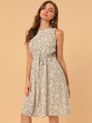 Floral Drawstring Waist Sleeveless A-Line Midi Dress Sundress