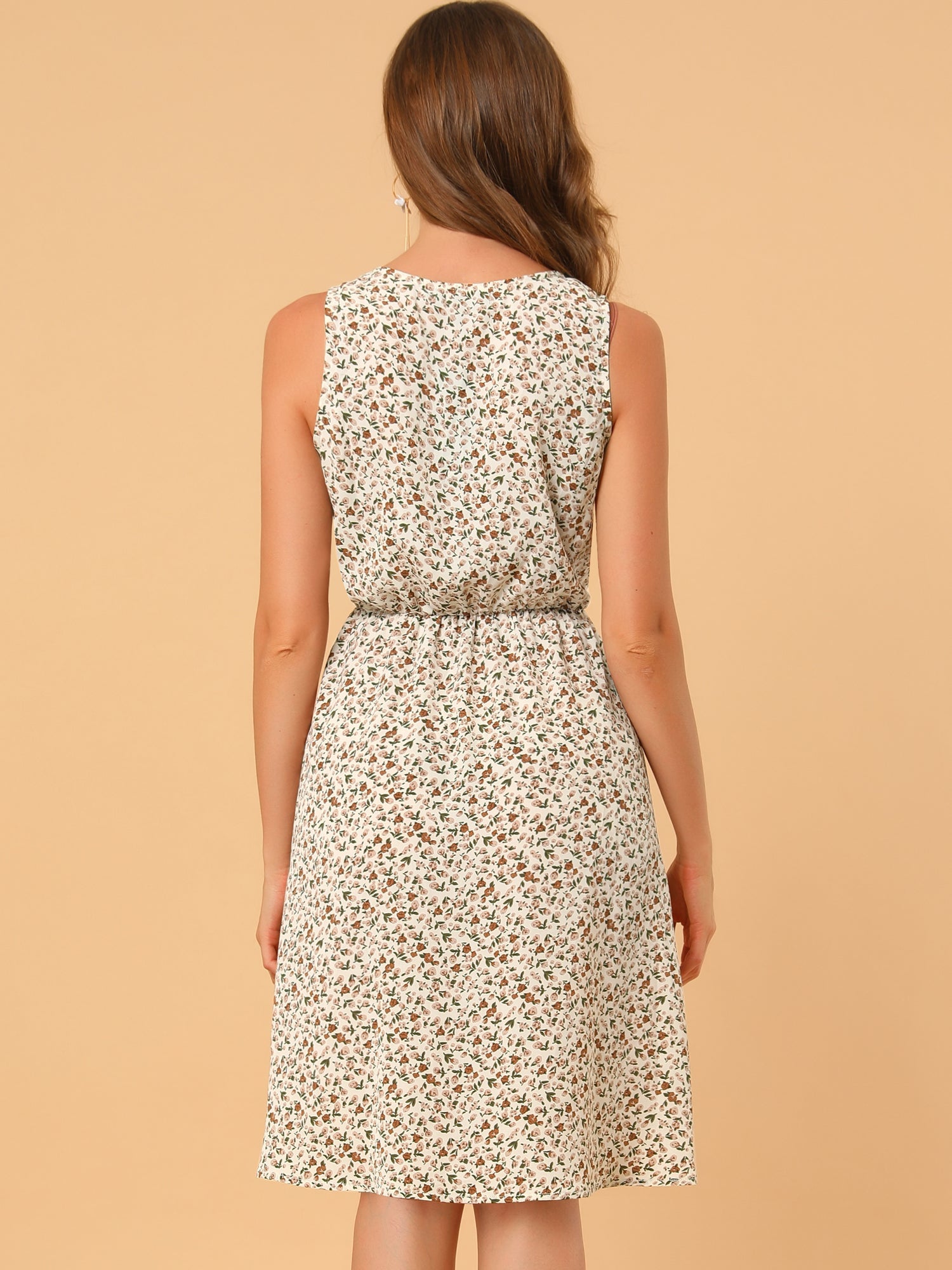 Floral Drawstring Waist Sleeveless A-Line Midi Dress Sundress