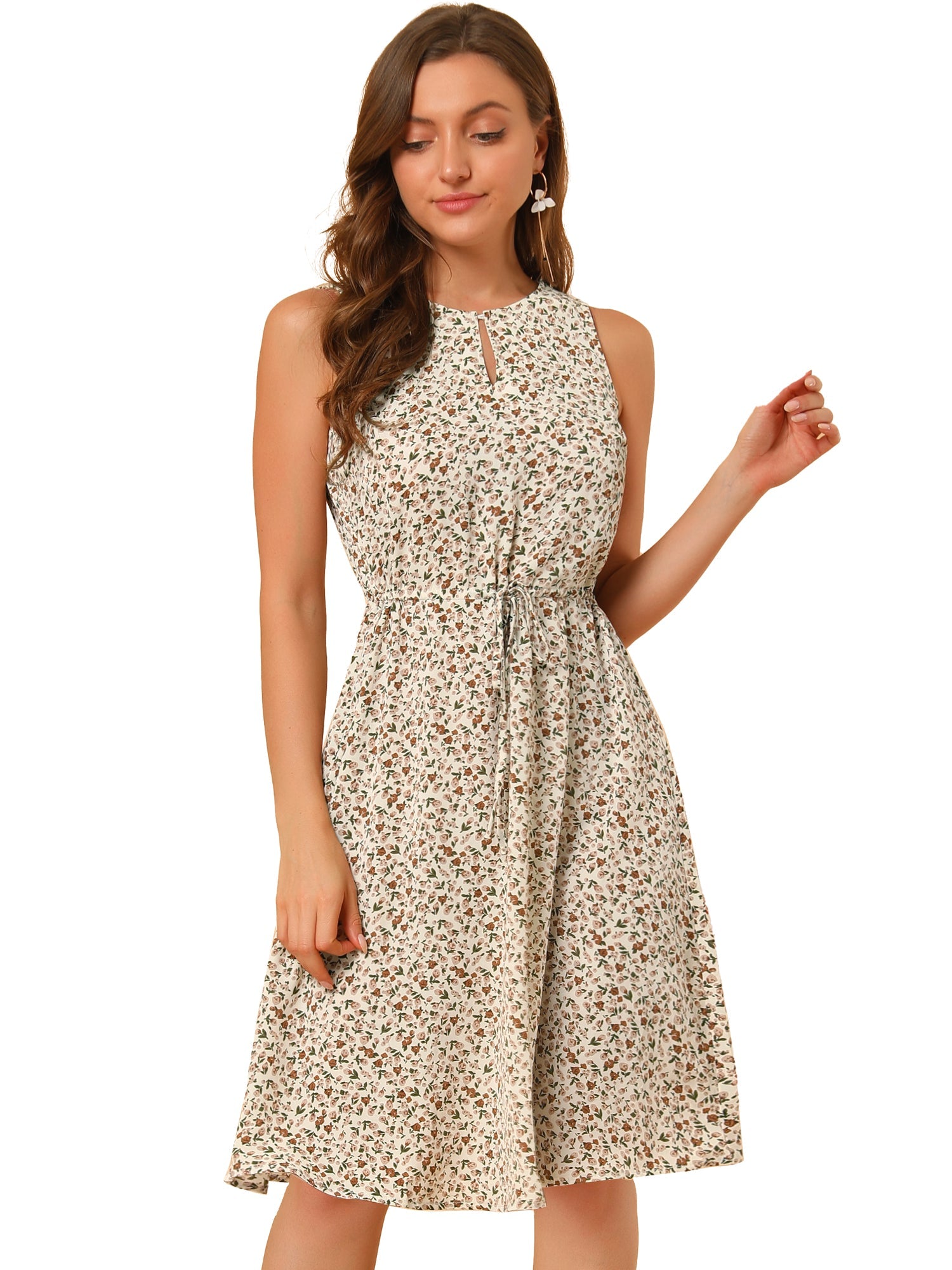 Floral Drawstring Waist Sleeveless A-Line Midi Dress Sundress