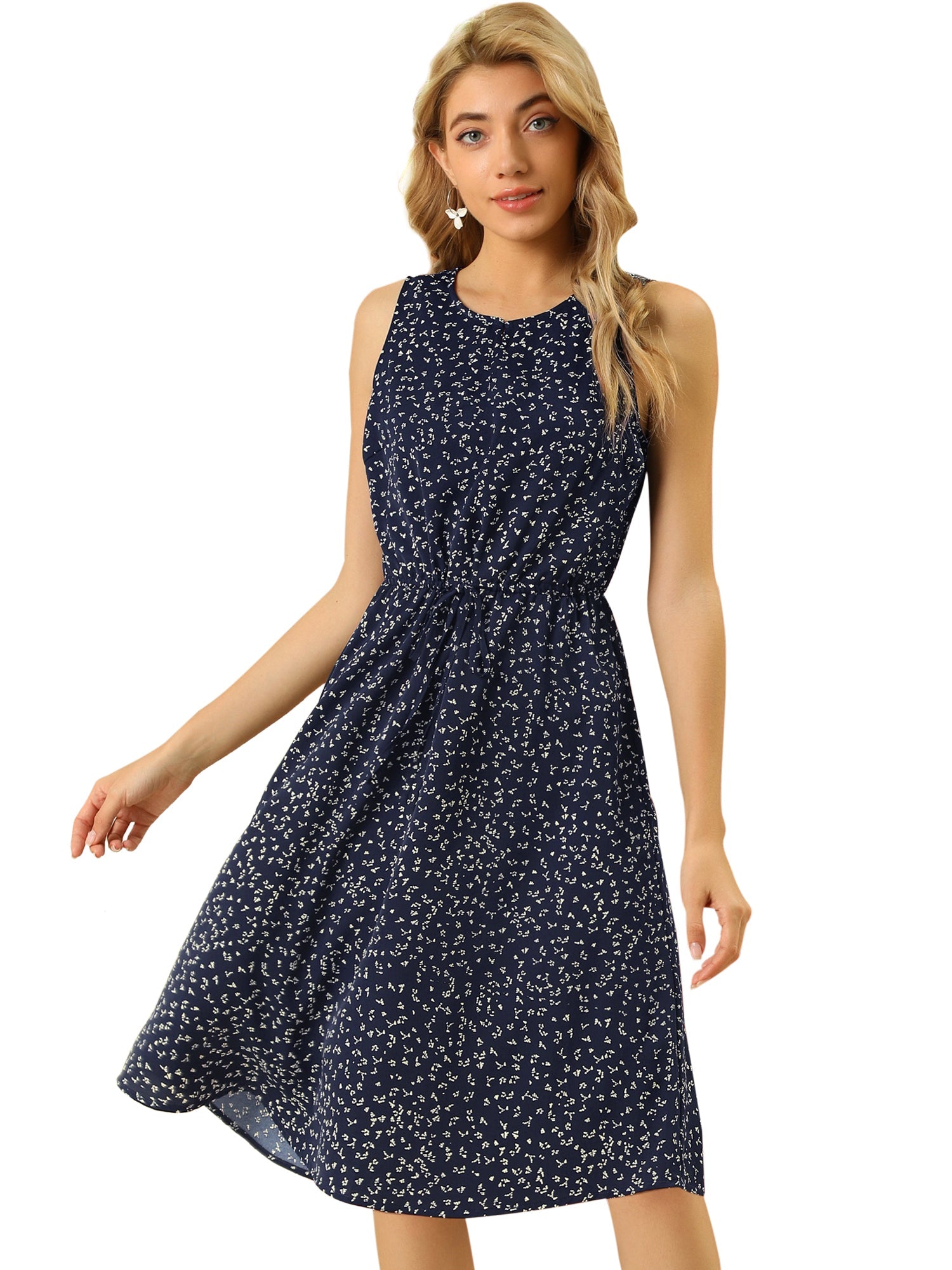 Floral Drawstring Waist Sleeveless A-Line Midi Dress Sundress