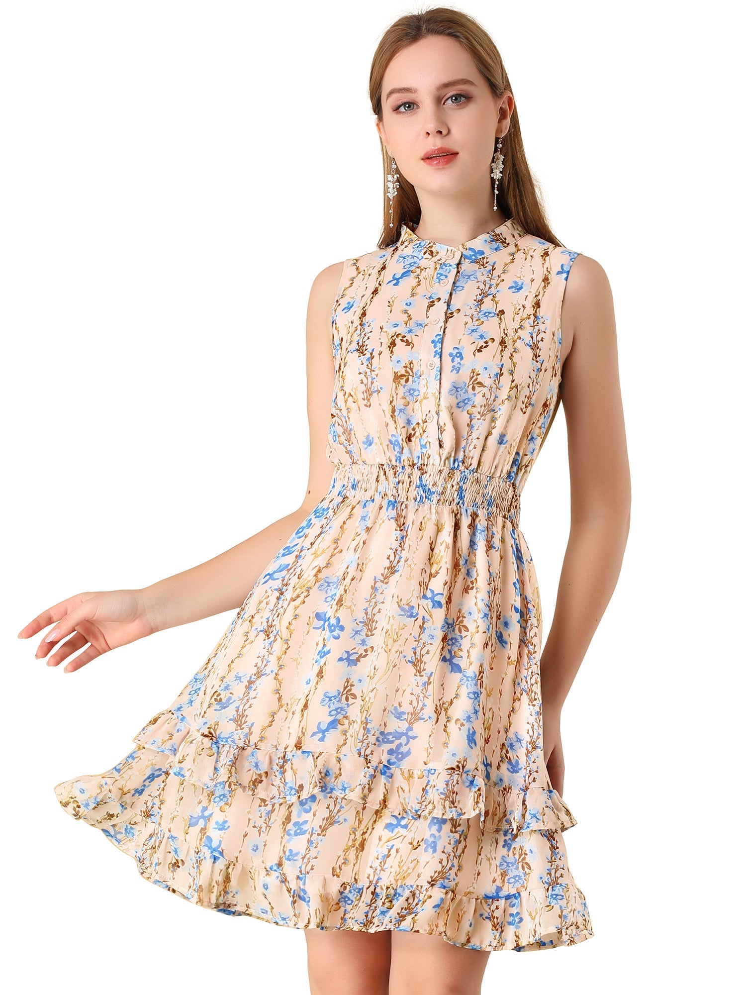 Floral A-line Smocked Waist Tiered Ruffled Chiffon Mini Dress