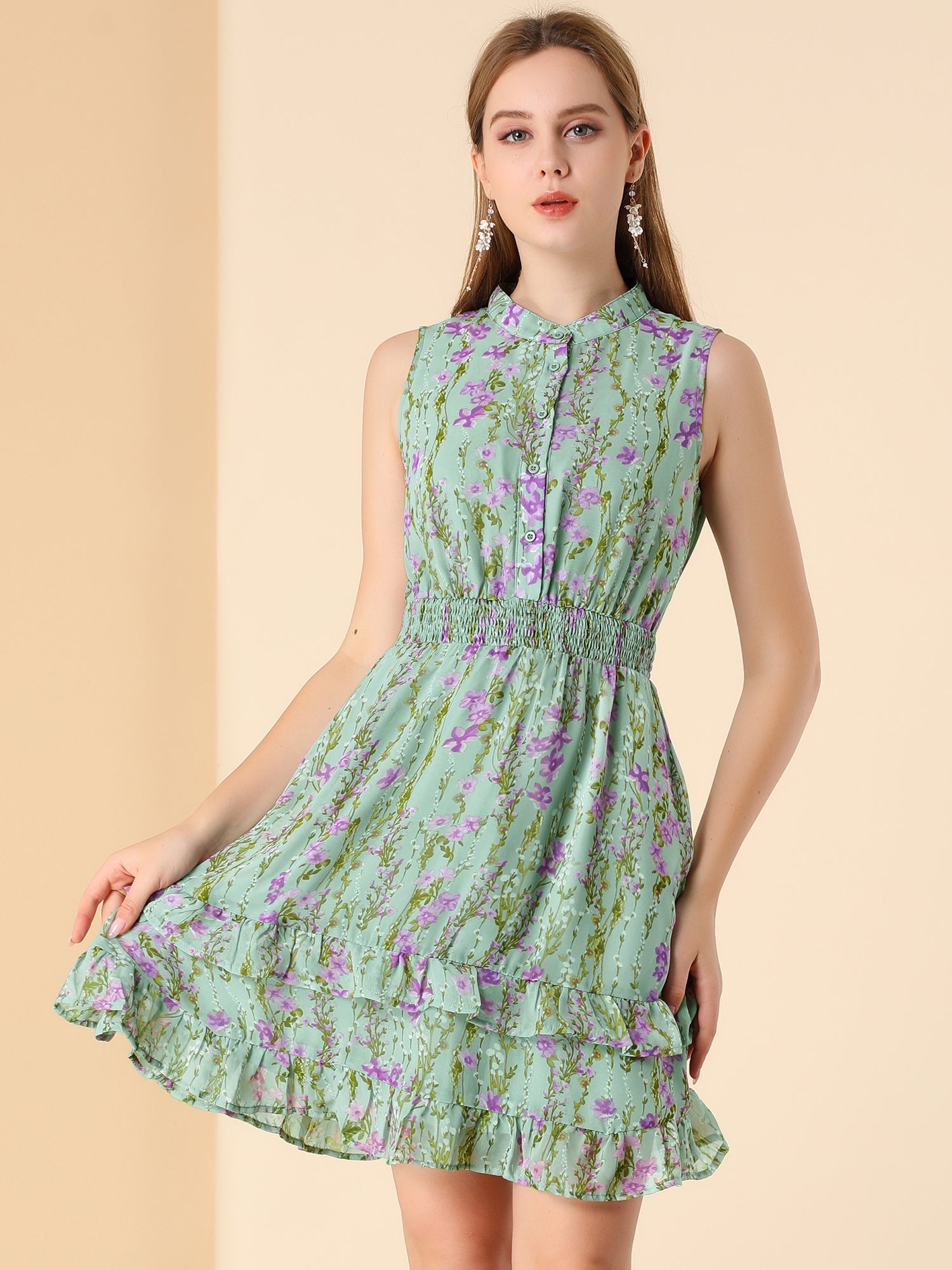 Floral A-line Smocked Waist Tiered Ruffled Chiffon Mini Dress