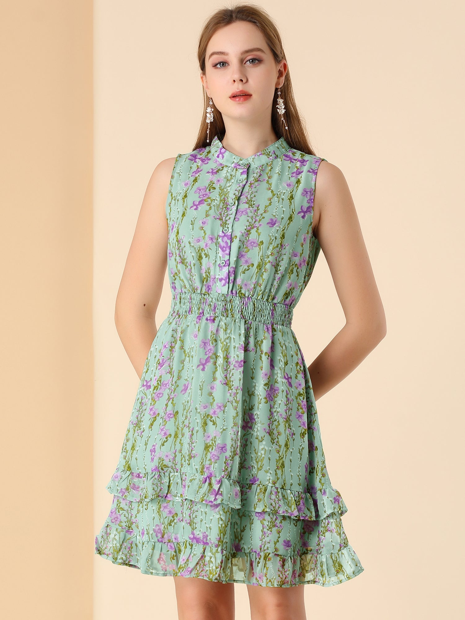 Floral A-line Smocked Waist Tiered Ruffled Chiffon Mini Dress