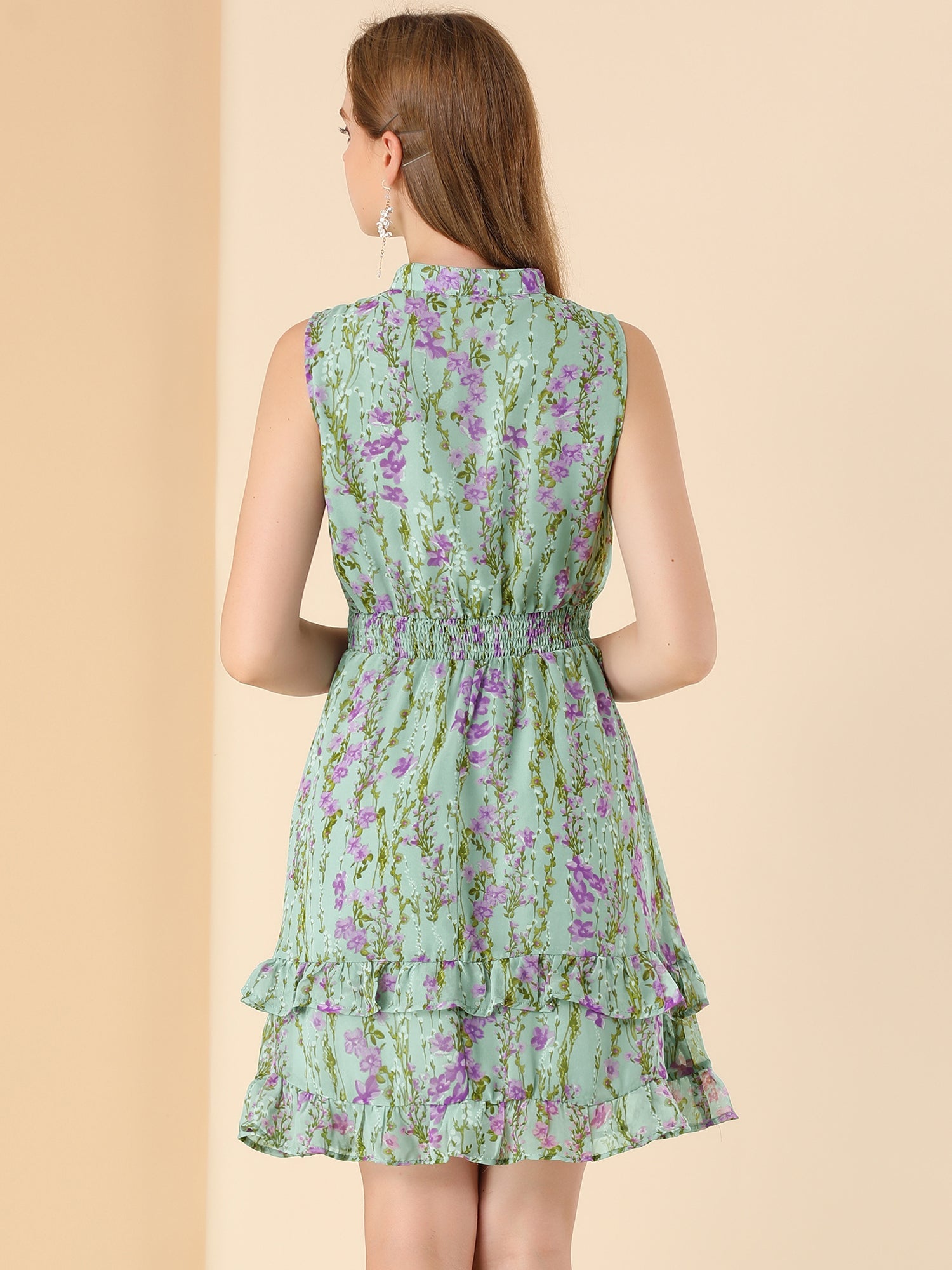 Floral A-line Smocked Waist Tiered Ruffled Chiffon Mini Dress