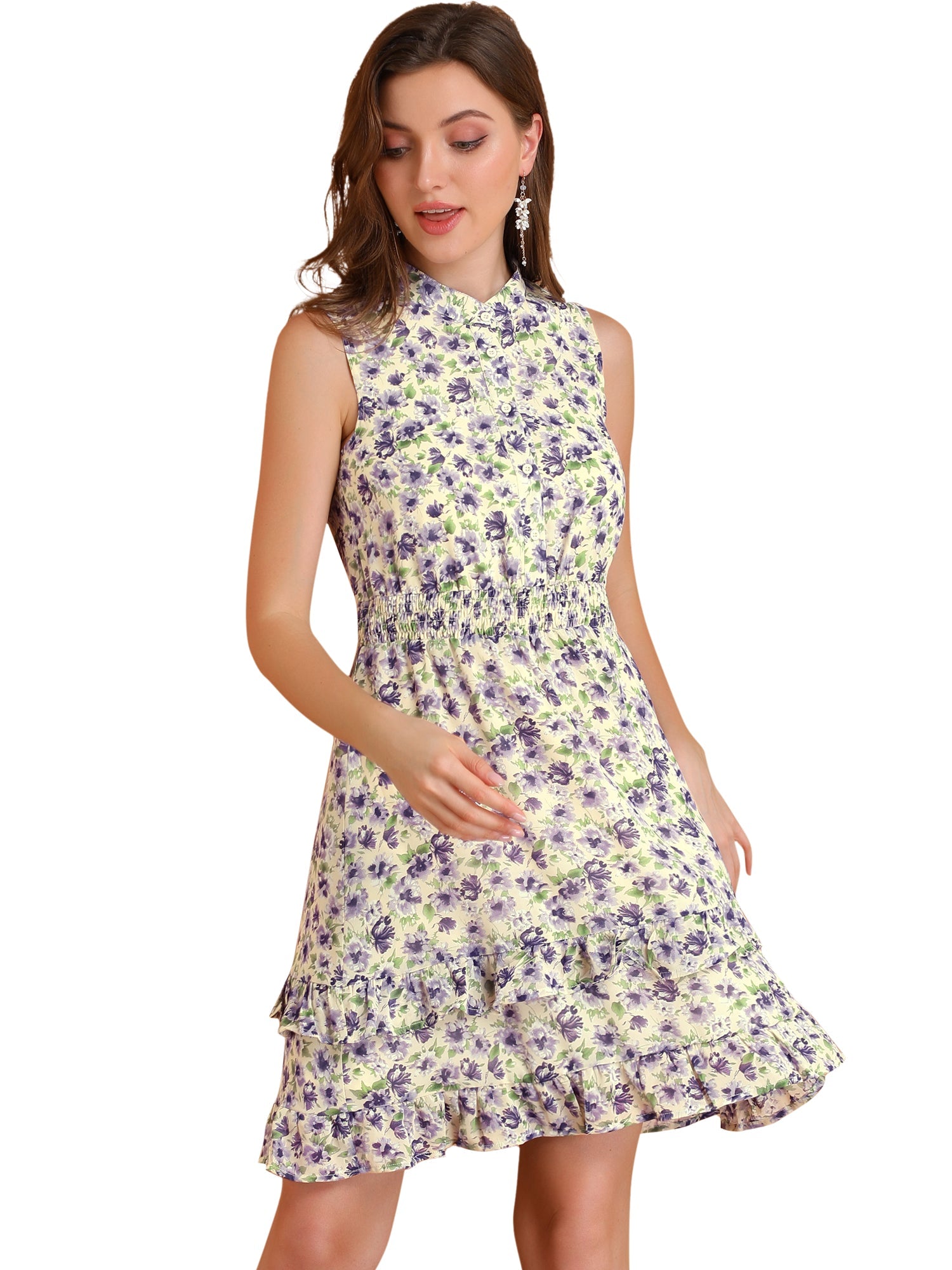 Floral A-line Smocked Waist Tiered Ruffled Chiffon Mini Dress