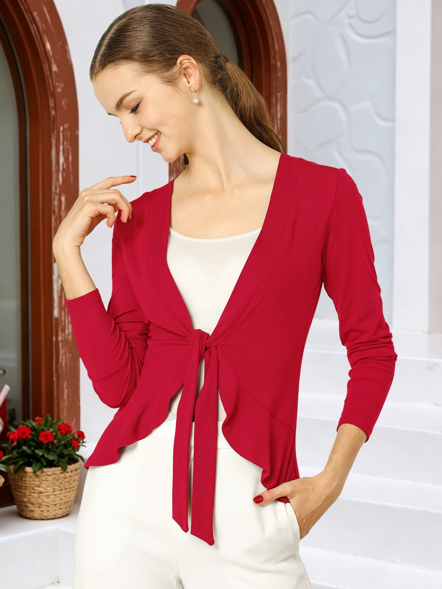 Women's Tie Front Knit Ruffled Long Sleeve Open Cardigan