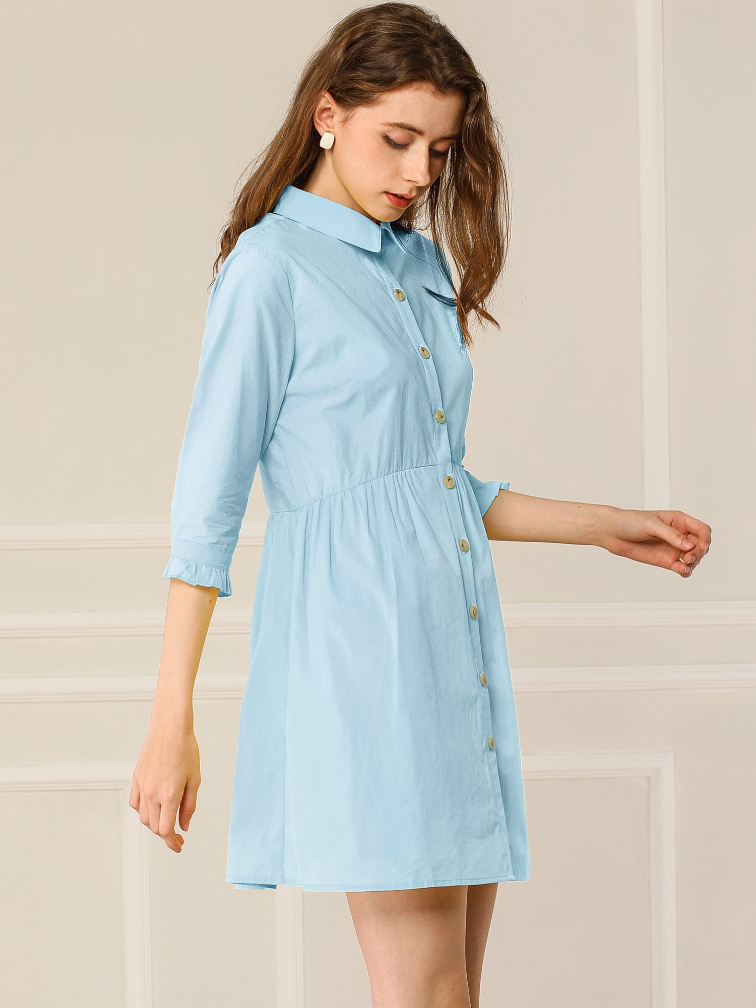 Ruched 3/4 Sleeve Button Up Casual Mini Shirt Dress