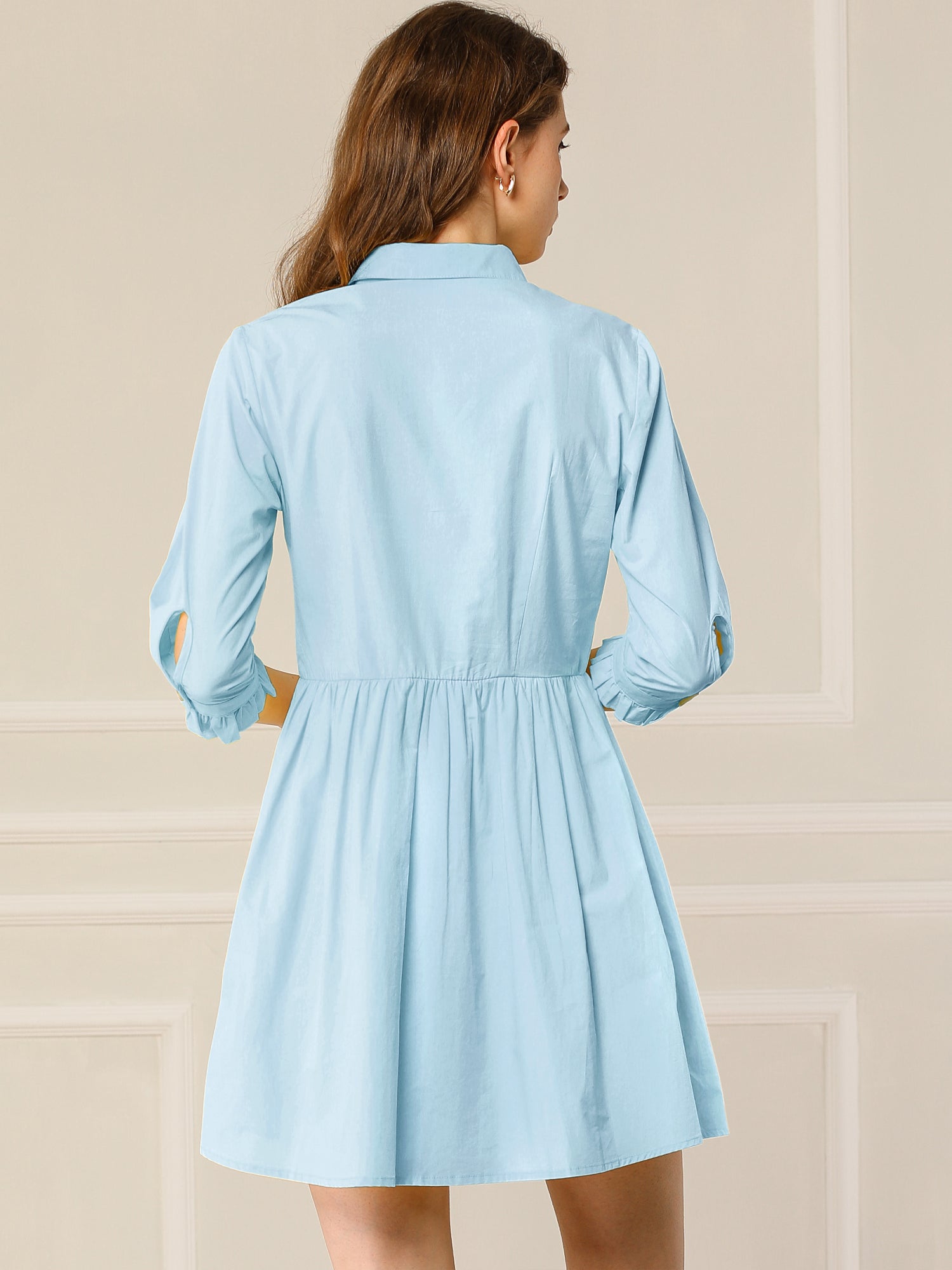 Ruched 3/4 Sleeve Button Up Casual Mini Shirt Dress