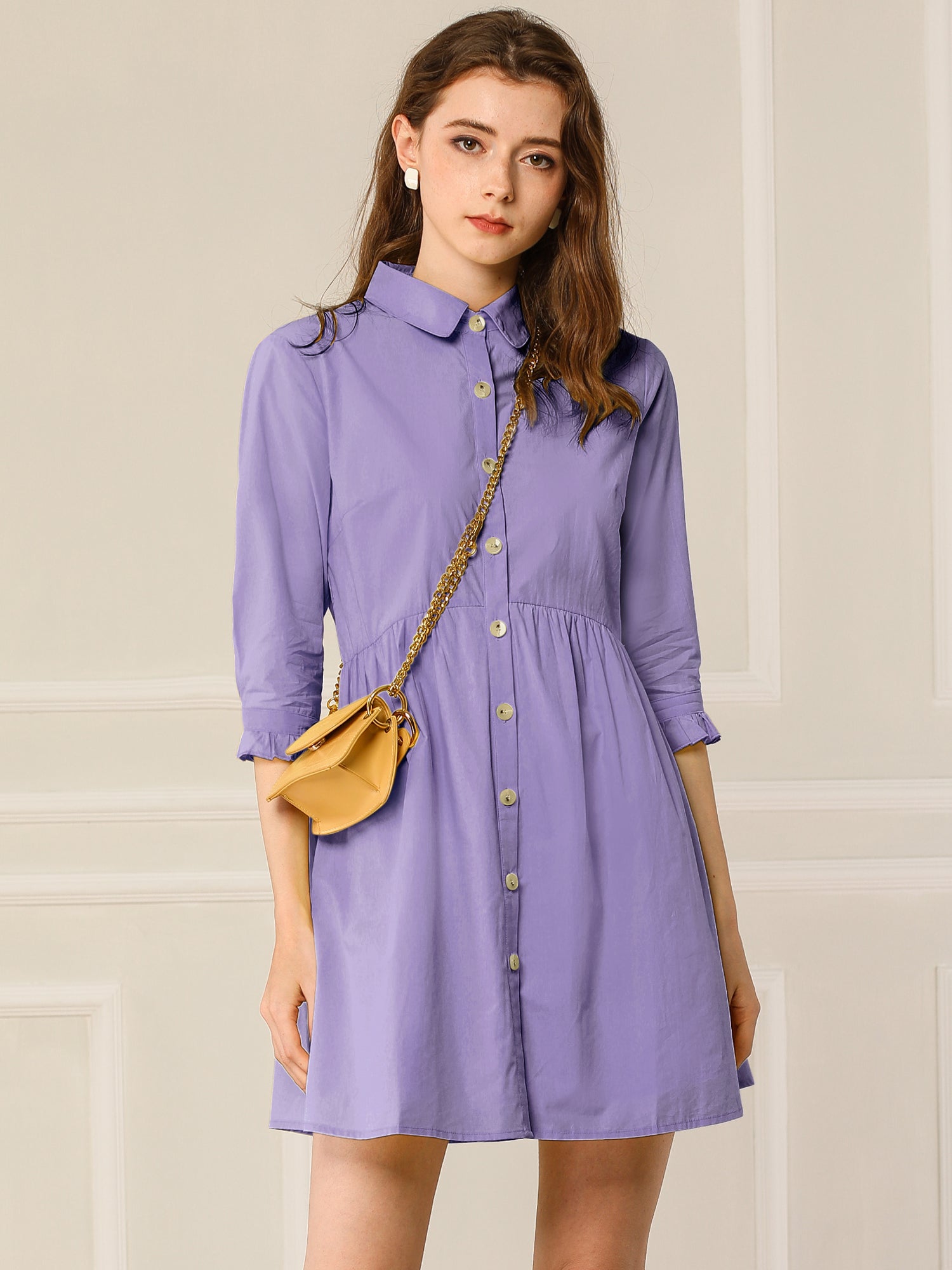 Ruched 3/4 Sleeve Button Up Casual Mini Shirt Dress