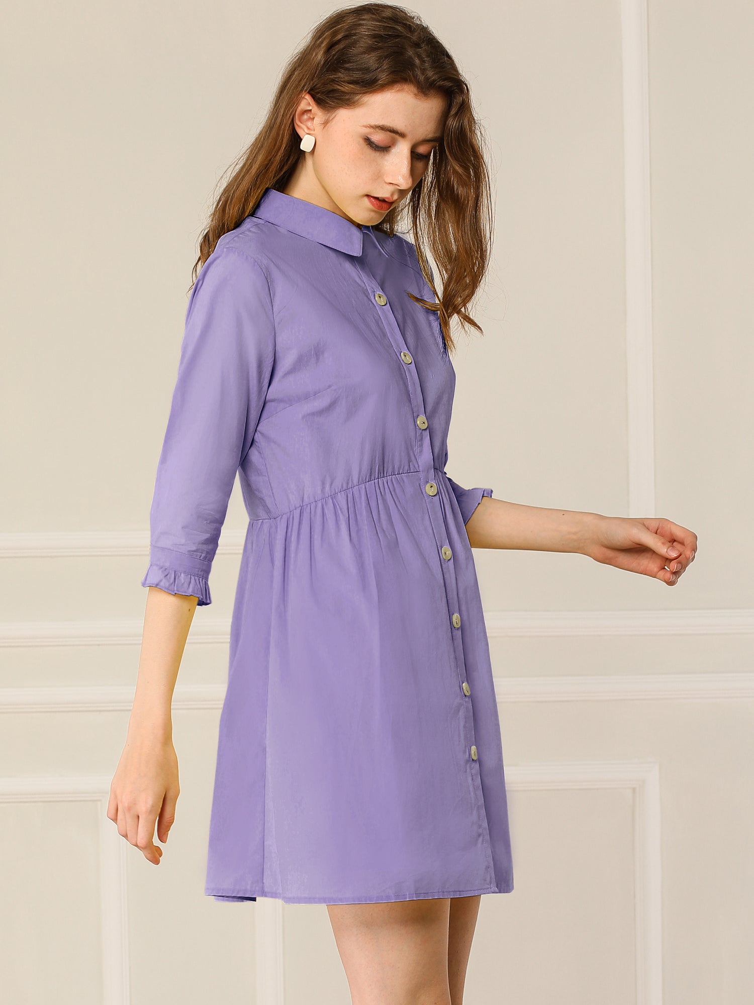 Ruched 3/4 Sleeve Button Up Casual Mini Shirt Dress
