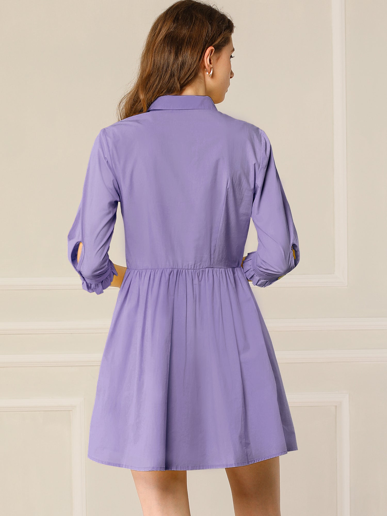 Ruched 3/4 Sleeve Button Up Casual Mini Shirt Dress