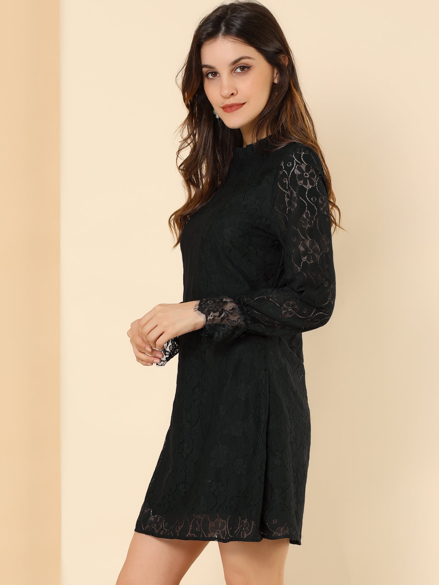 Lace Floral Ruffle Crew Neck Cocktail Mini Dress