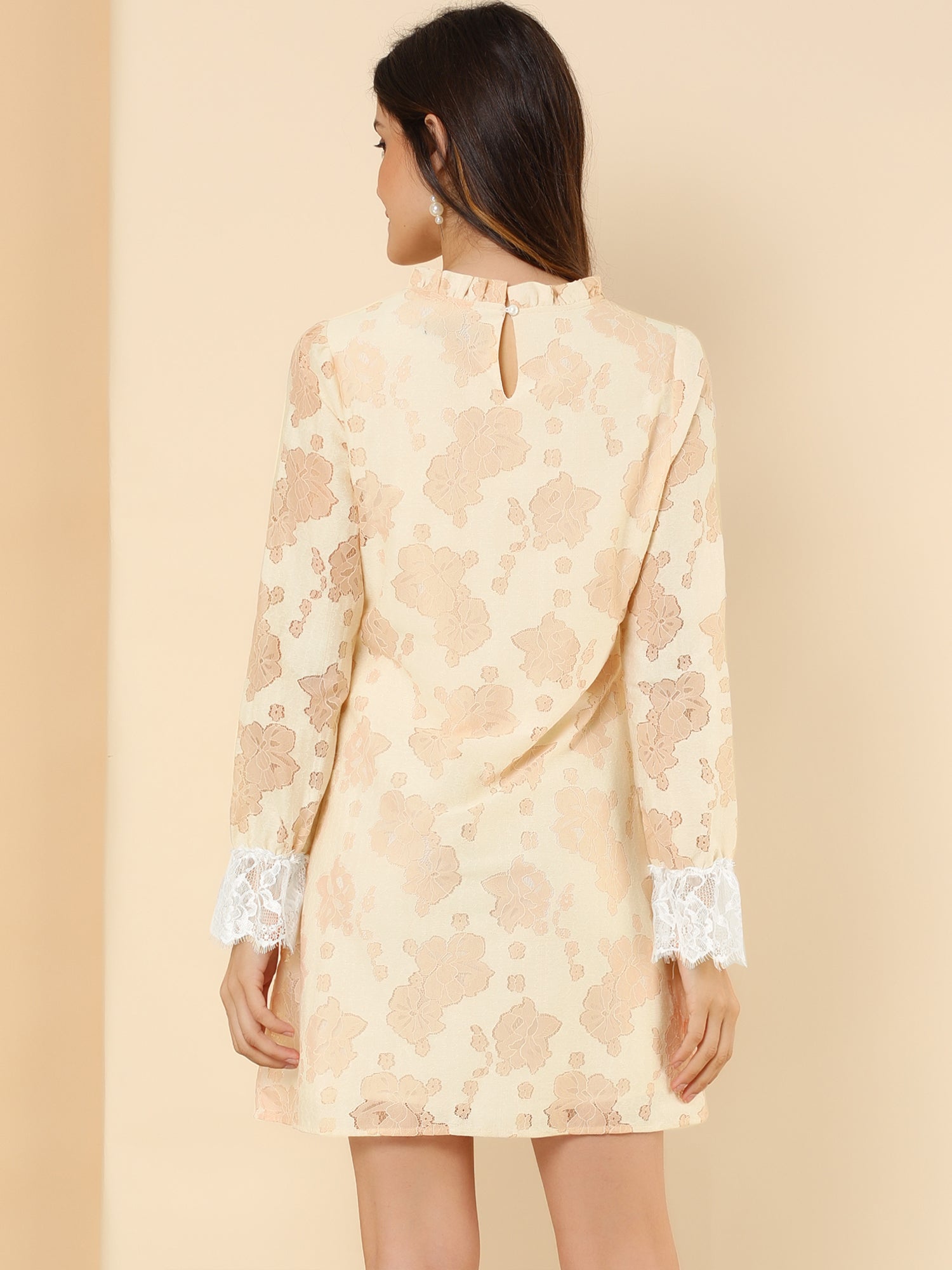 Lace Floral Ruffle Crew Neck Cocktail Mini Dress
