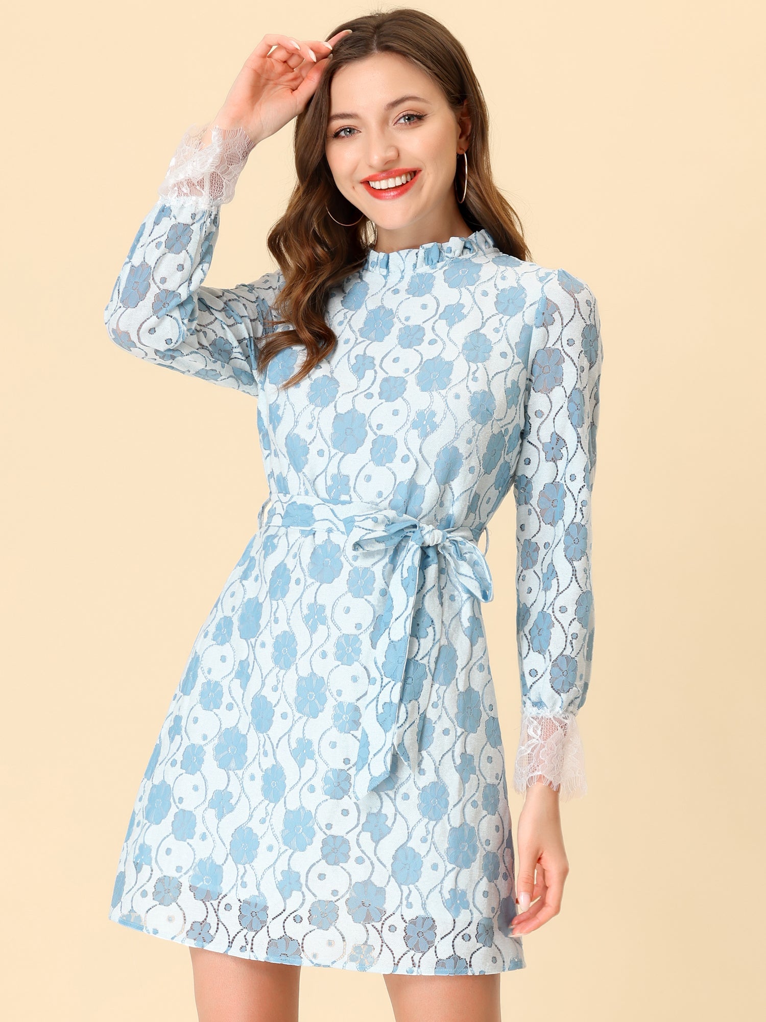 Lace Floral Ruffle Crew Neck Cocktail Mini Dress