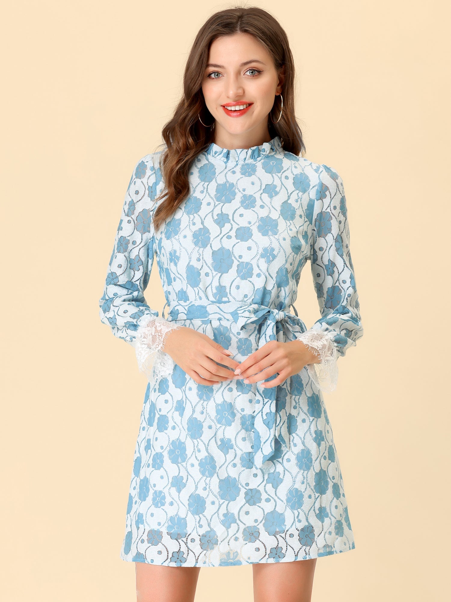 Lace Floral Ruffle Crew Neck Cocktail Mini Dress