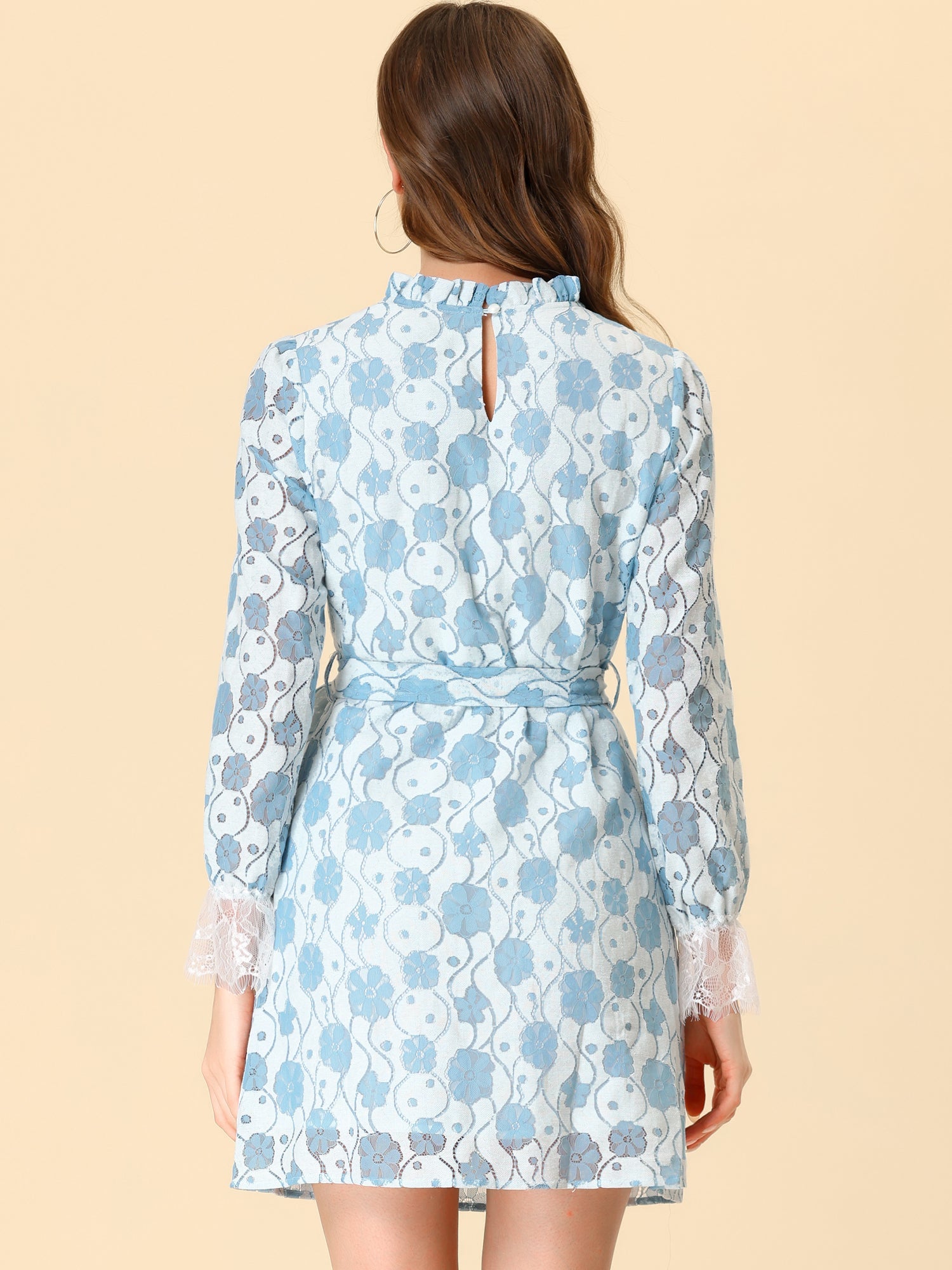 Lace Floral Ruffle Crew Neck Cocktail Mini Dress