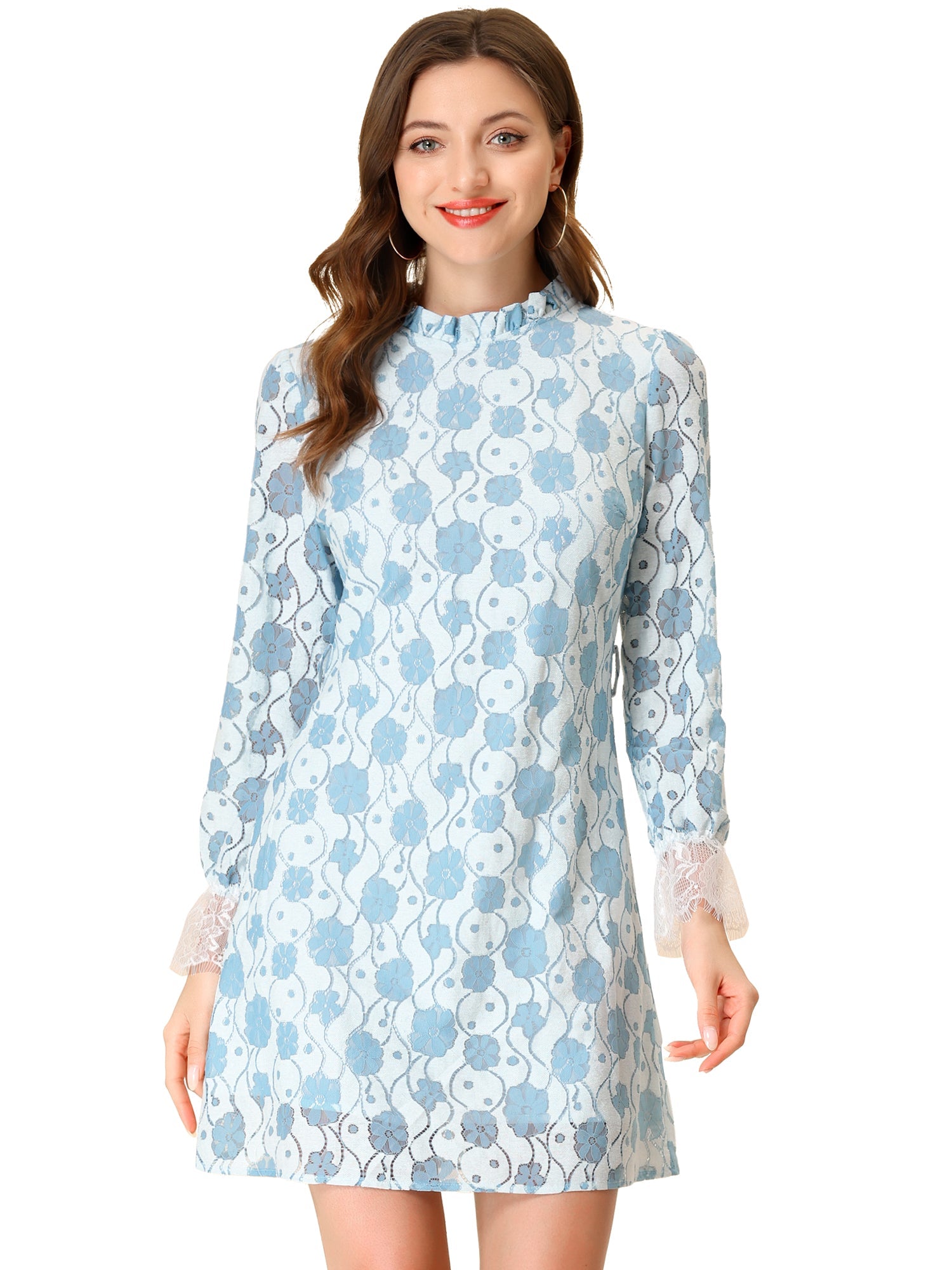 Lace Floral Ruffle Crew Neck Cocktail Mini Dress
