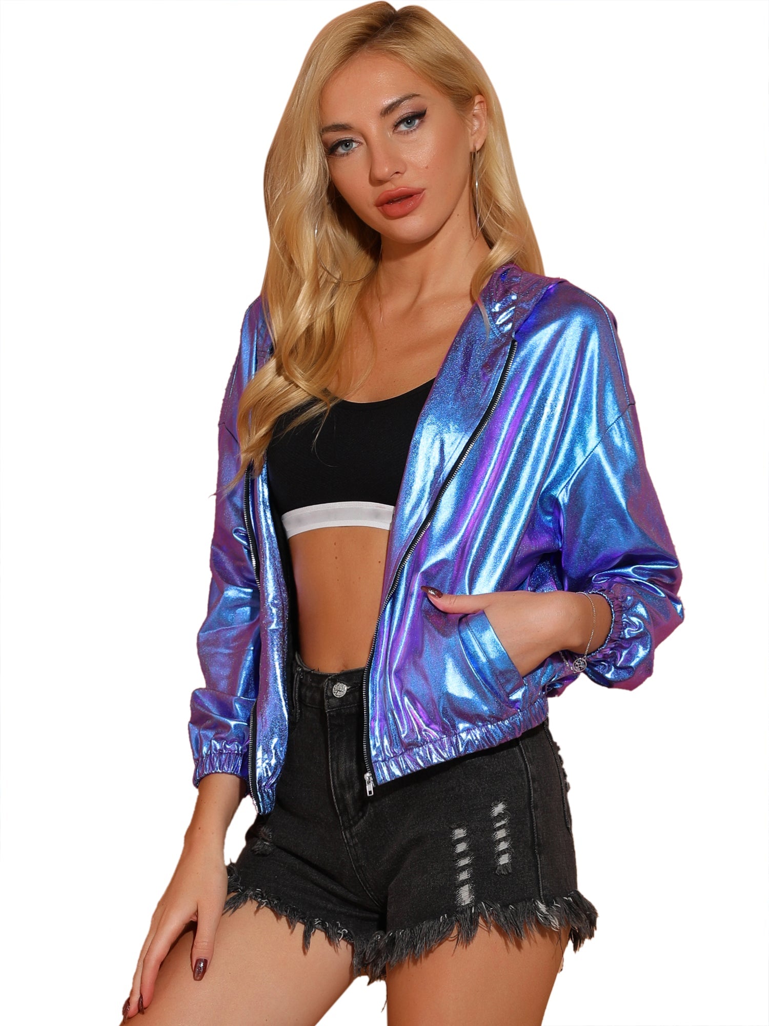 Holographic Party Shiny Lightweight Zipper Hooded Metallic Jacket