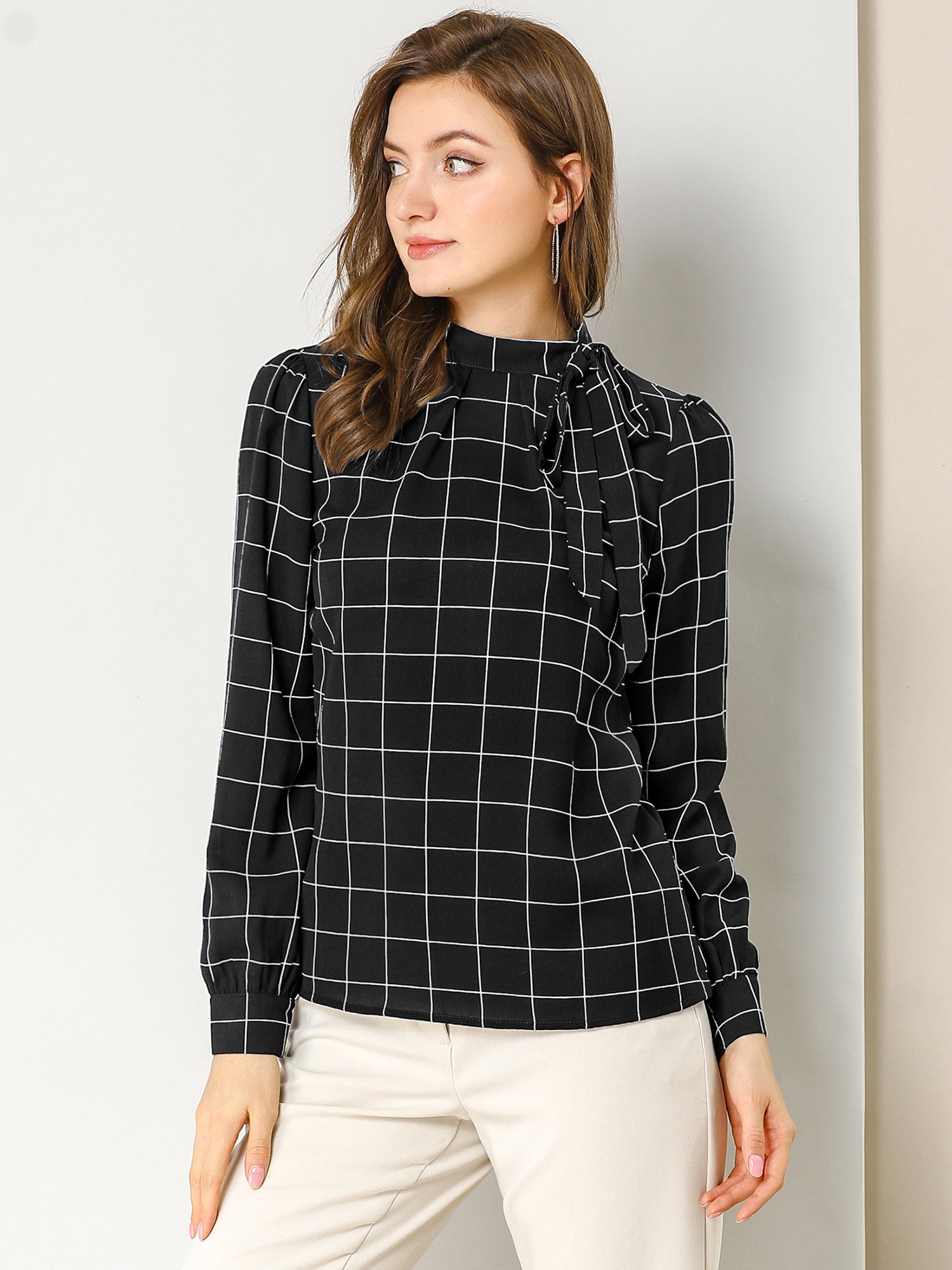 Bow Tie Neck Grid Checks Shirt Office Work Tops Blouse