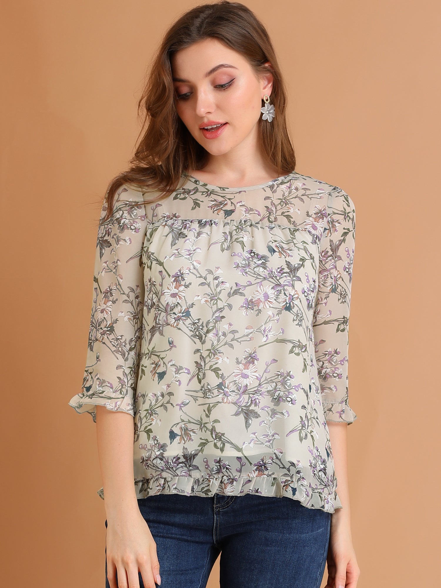 Casual Ruffle Floral Print 3/4 Sleeve Chiffon Blouse