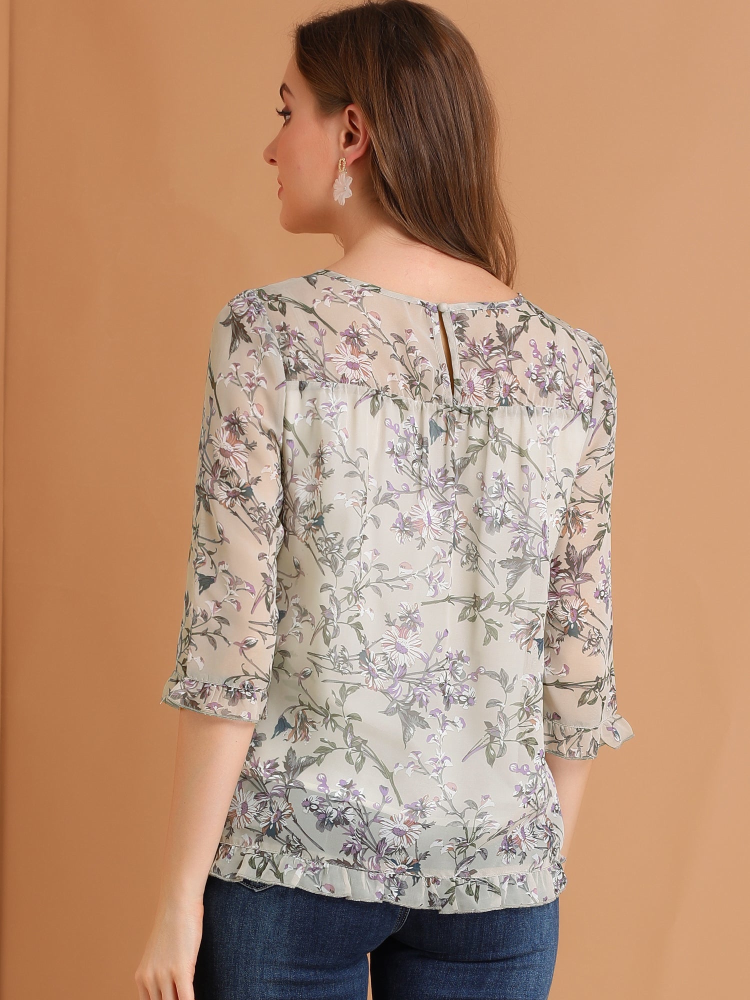 Casual Ruffle Floral Print 3/4 Sleeve Chiffon Blouse