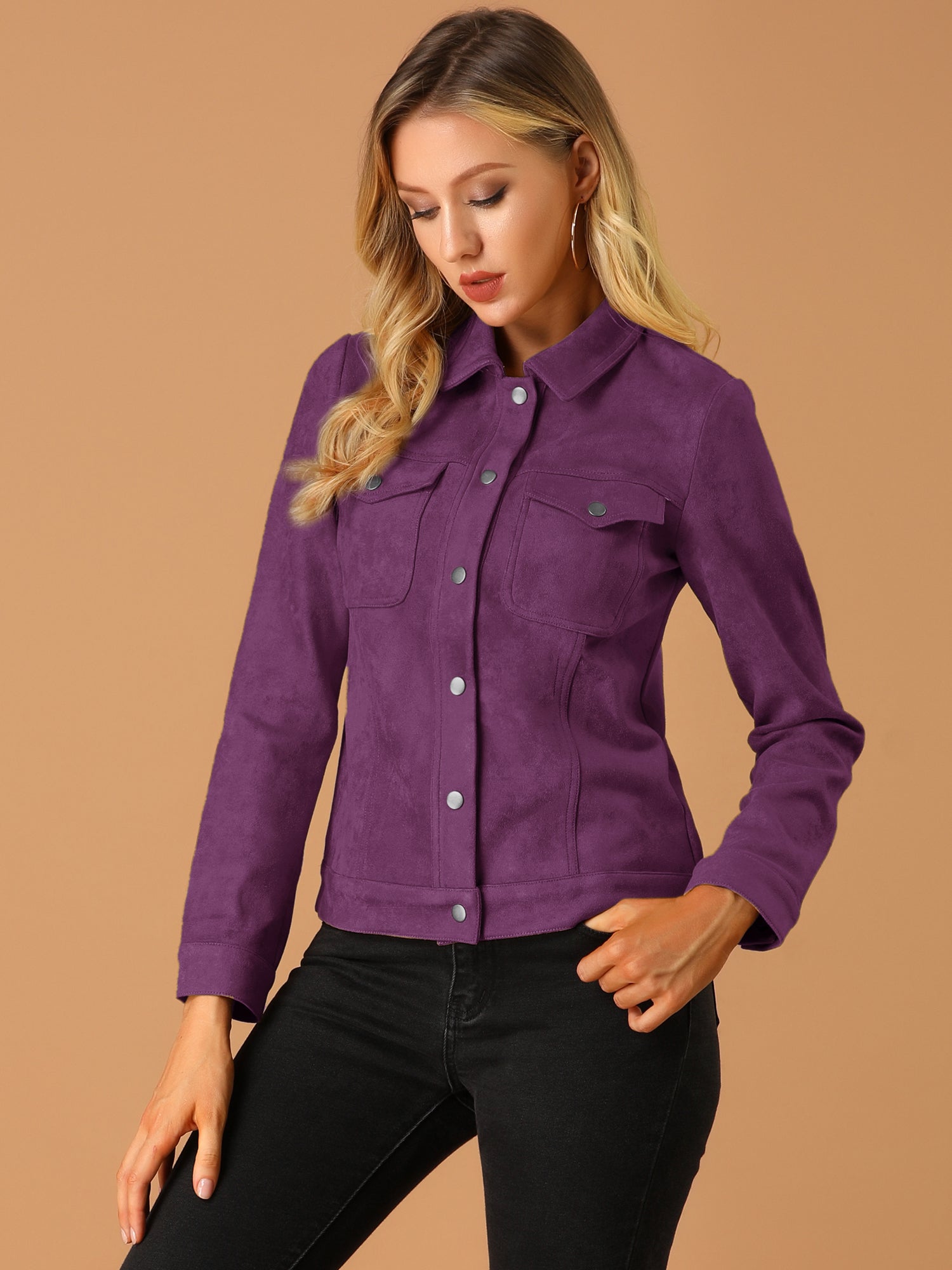 Faux Suede Turn-Down Collar Flap Pocket Snap Button Jacket