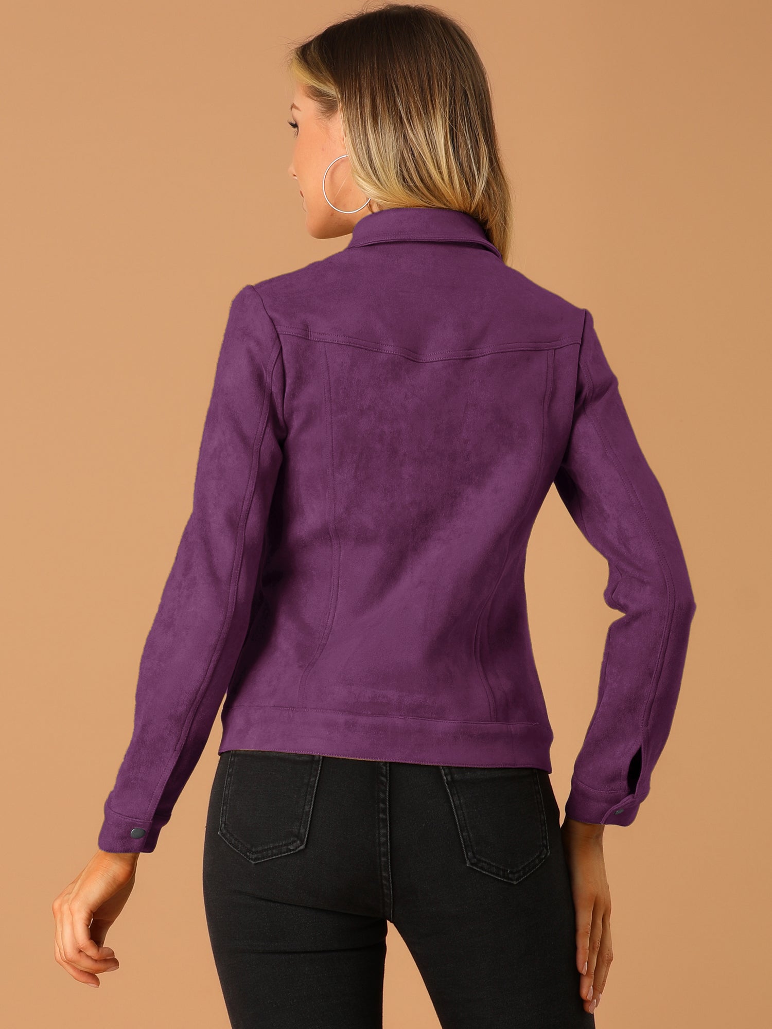 Faux Suede Turn-Down Collar Flap Pocket Snap Button Jacket