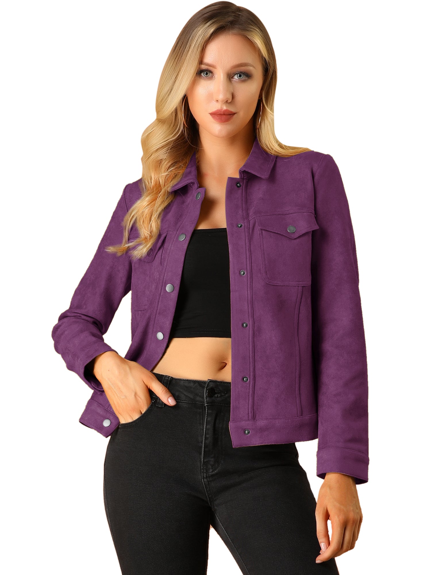 Faux Suede Turn-Down Collar Flap Pocket Snap Button Jacket