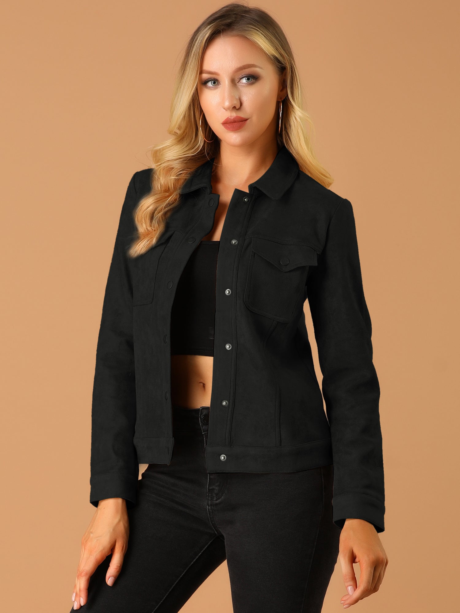 Faux Suede Turn-Down Collar Flap Pocket Snap Button Jacket