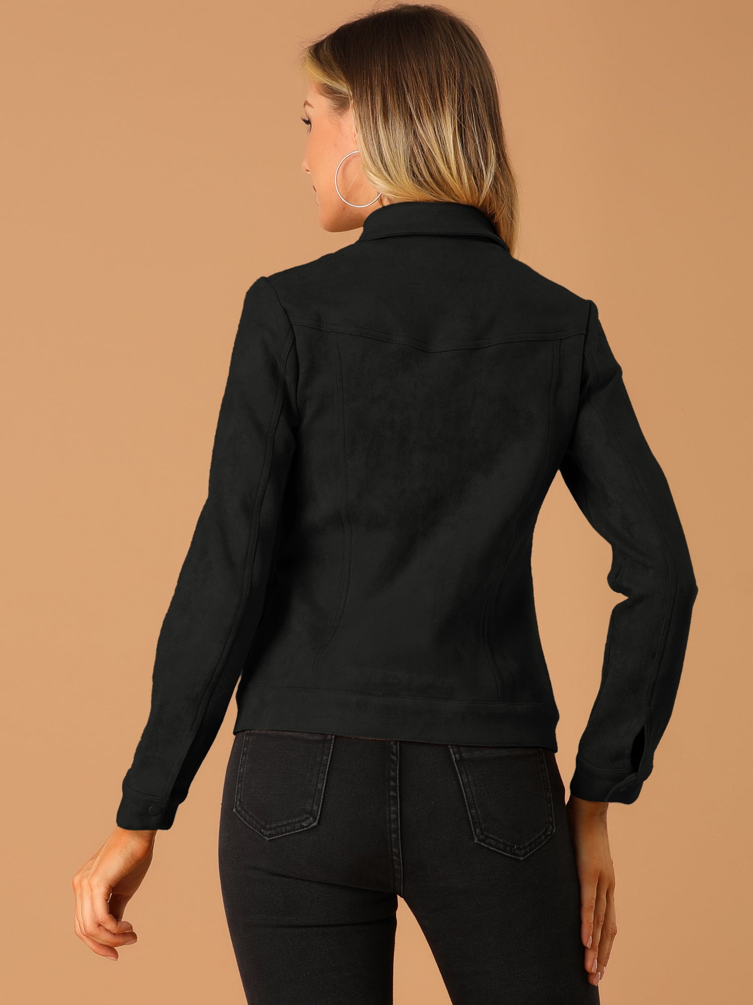 Faux Suede Turn-Down Collar Flap Pocket Snap Button Jacket